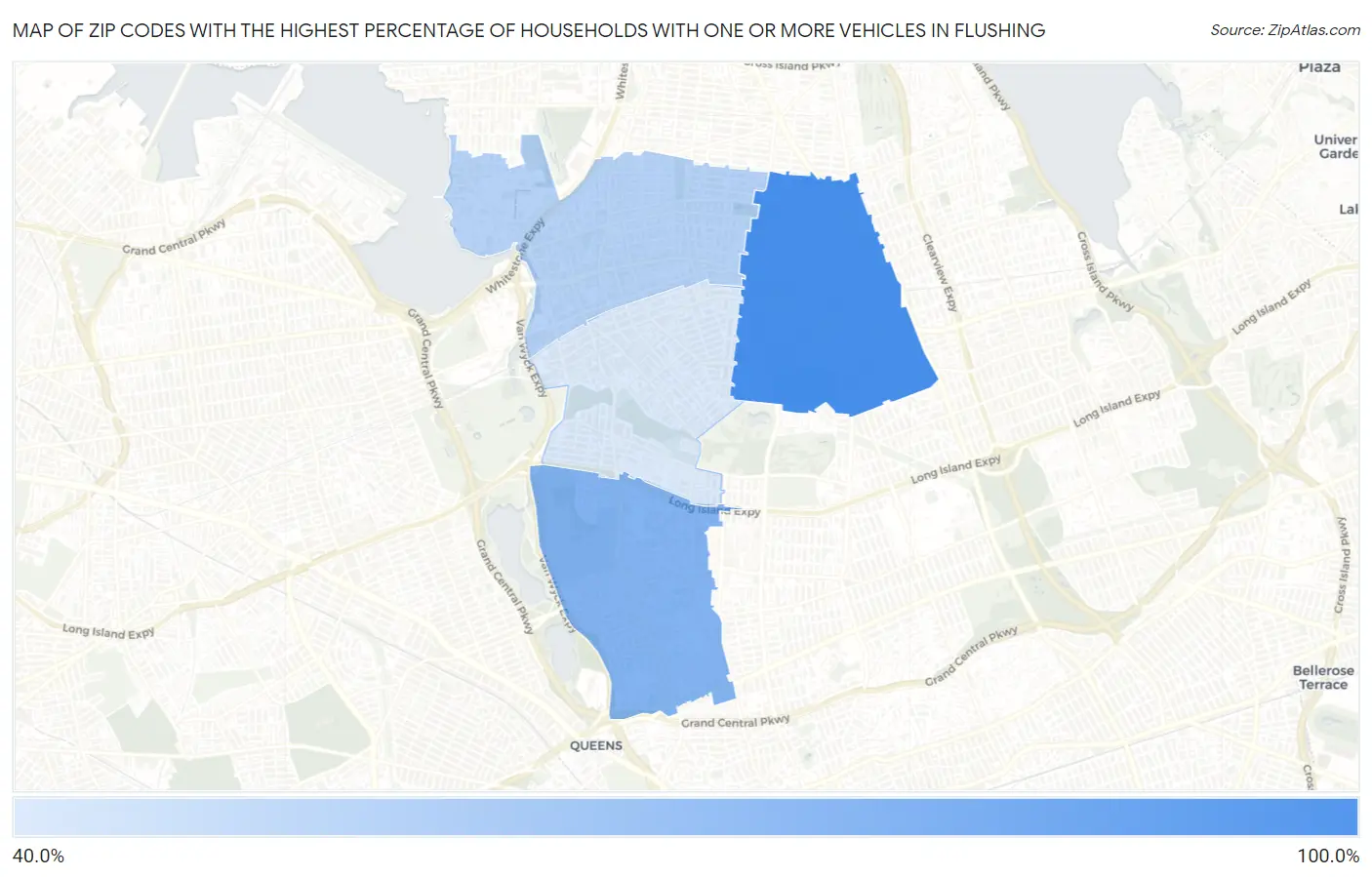 Zip Codes with the Highest Percentage of Households With One or more Vehicles in Flushing Map