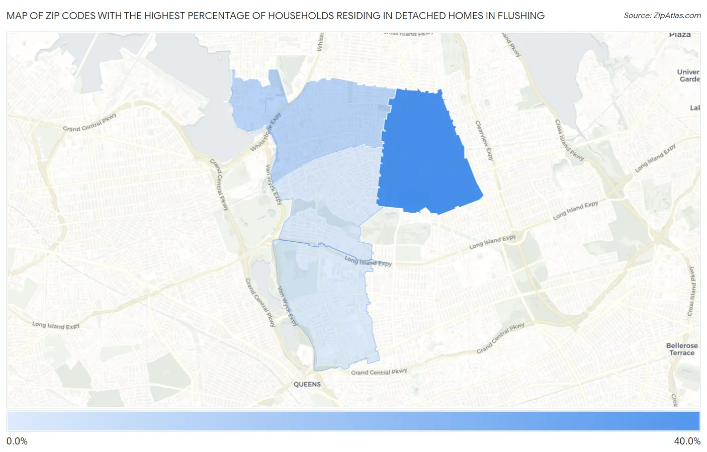 Zip Codes with the Highest Percentage of Households Residing in Detached Homes in Flushing Map
