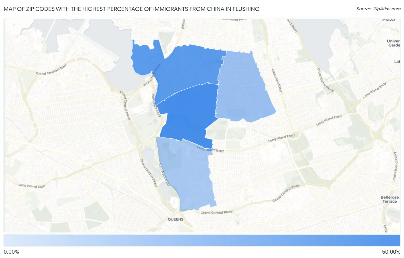 Zip Codes with the Highest Percentage of Immigrants from China in Flushing Map