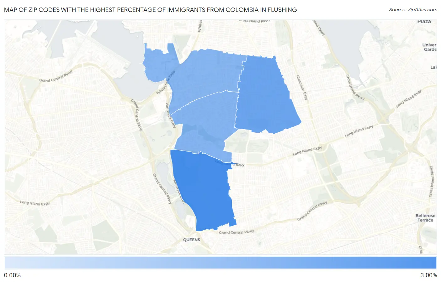 Zip Codes with the Highest Percentage of Immigrants from Colombia in Flushing Map