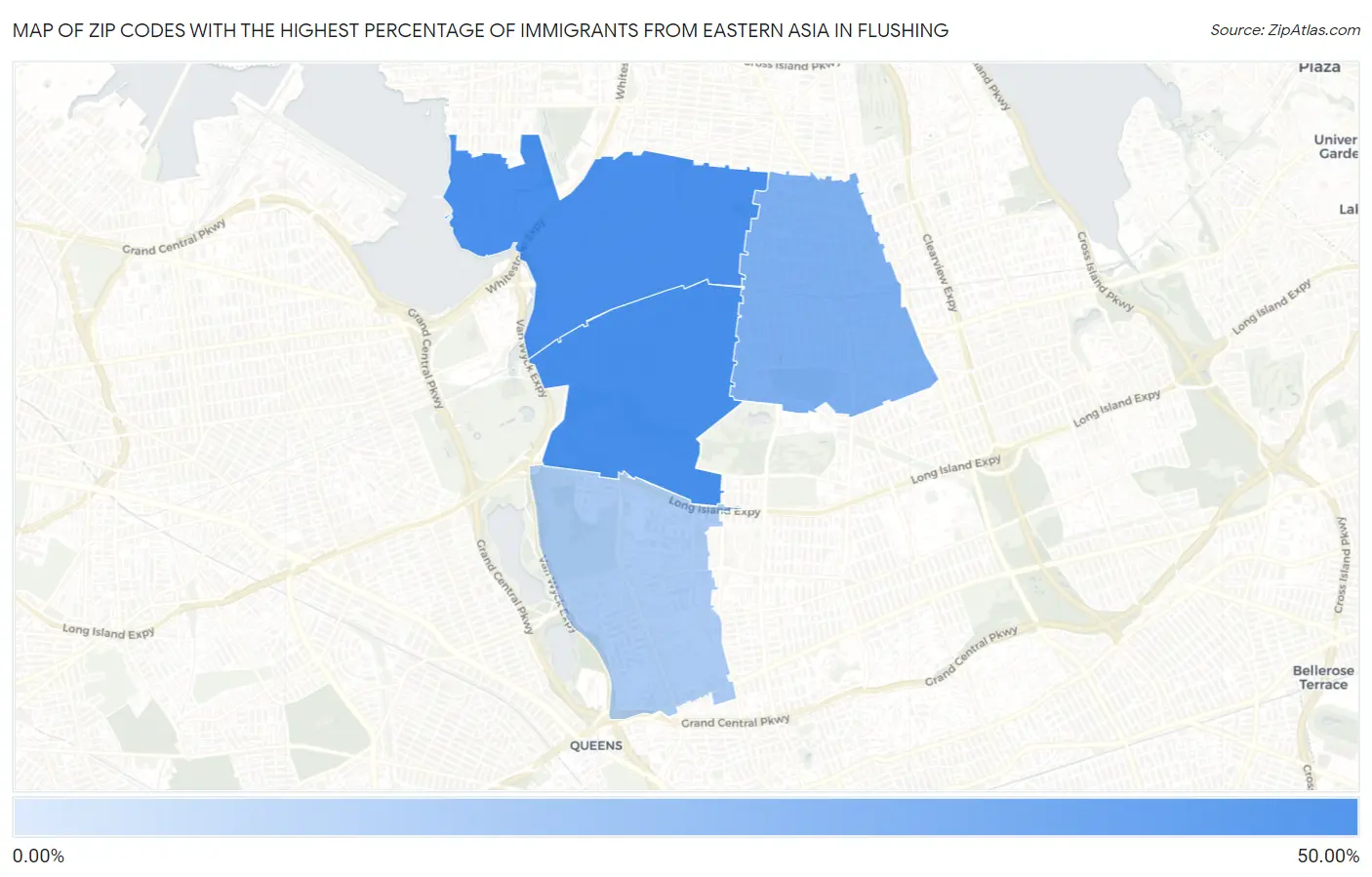 Zip Codes with the Highest Percentage of Immigrants from Eastern Asia in Flushing Map