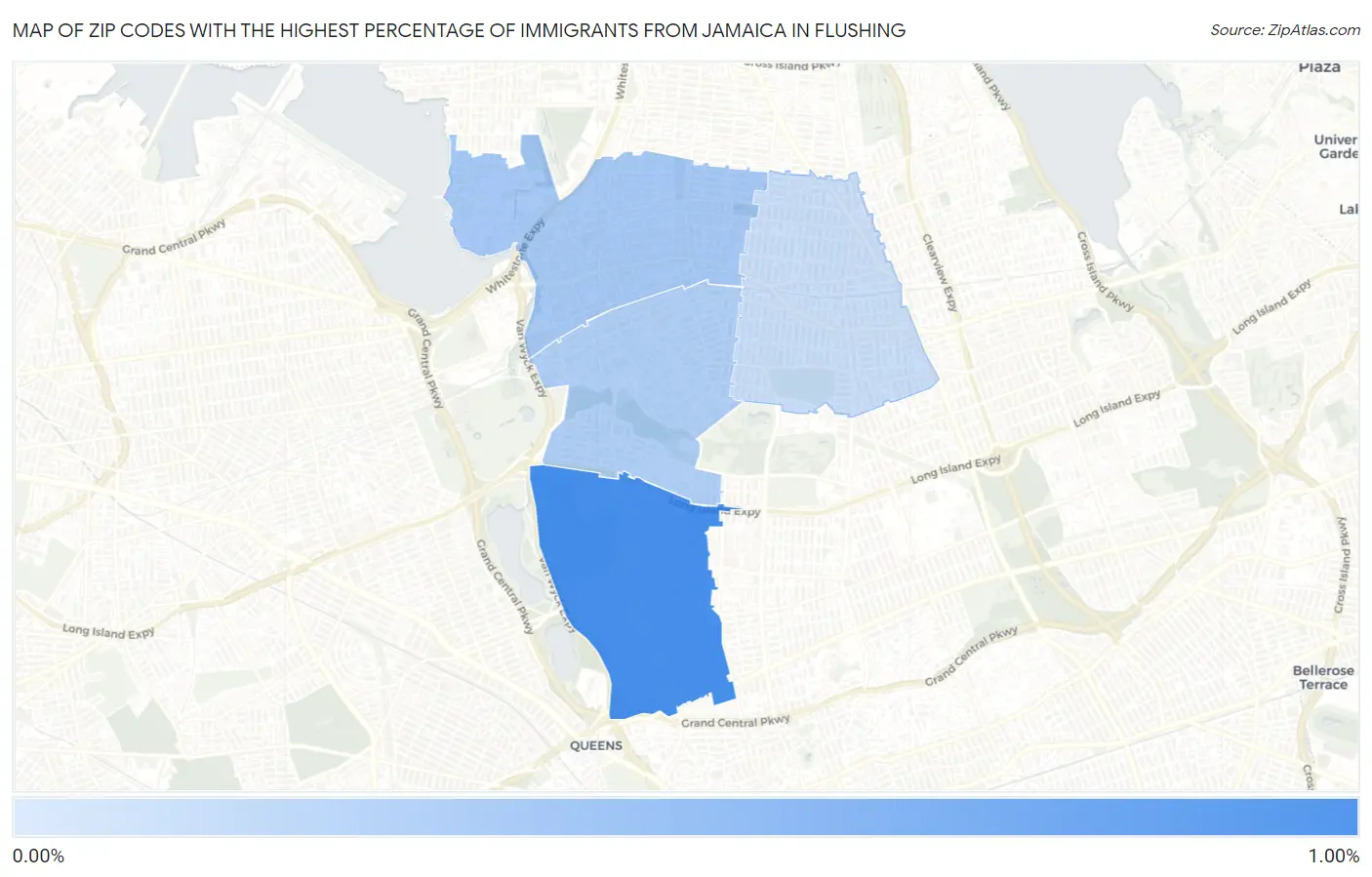 Zip Codes with the Highest Percentage of Immigrants from Jamaica in Flushing Map