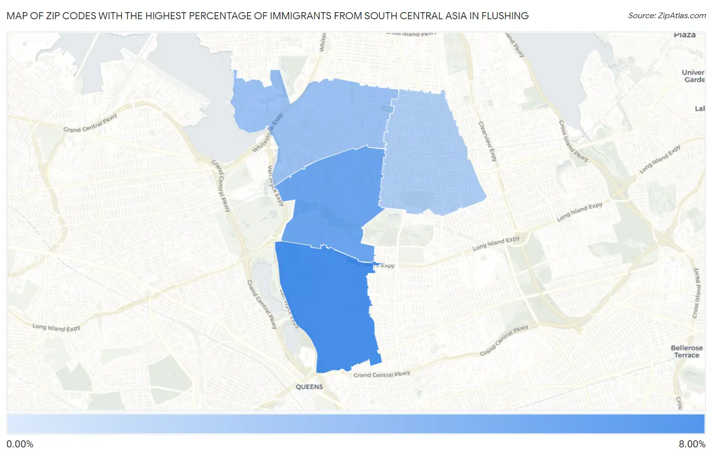 Zip Codes with the Highest Percentage of Immigrants from South Central Asia in Flushing Map