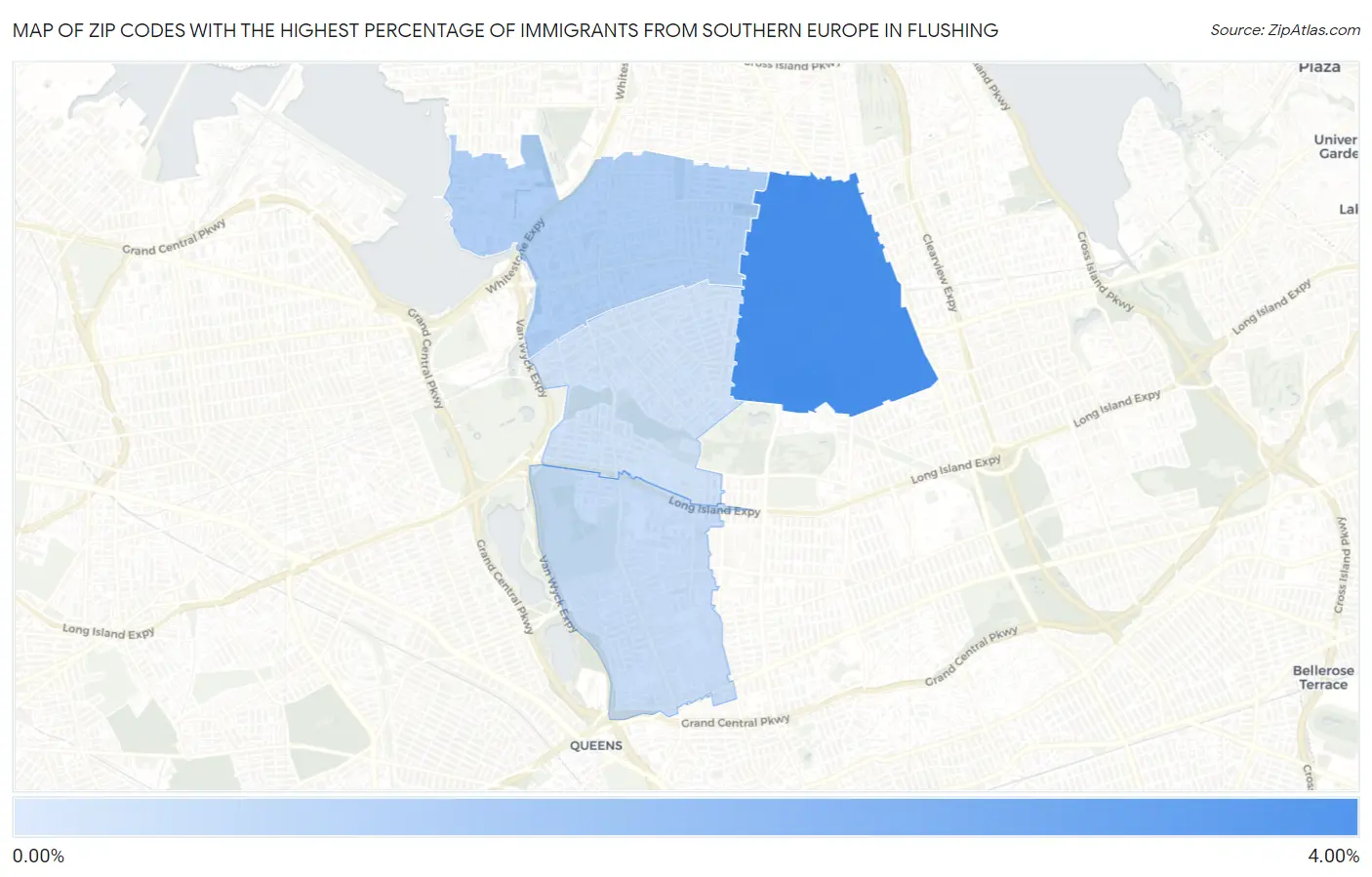 Zip Codes with the Highest Percentage of Immigrants from Southern Europe in Flushing Map