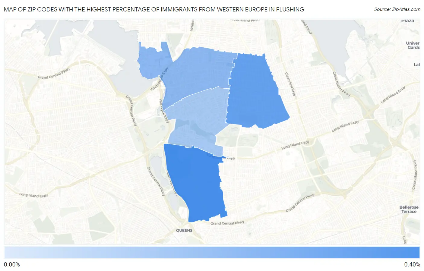 Zip Codes with the Highest Percentage of Immigrants from Western Europe in Flushing Map