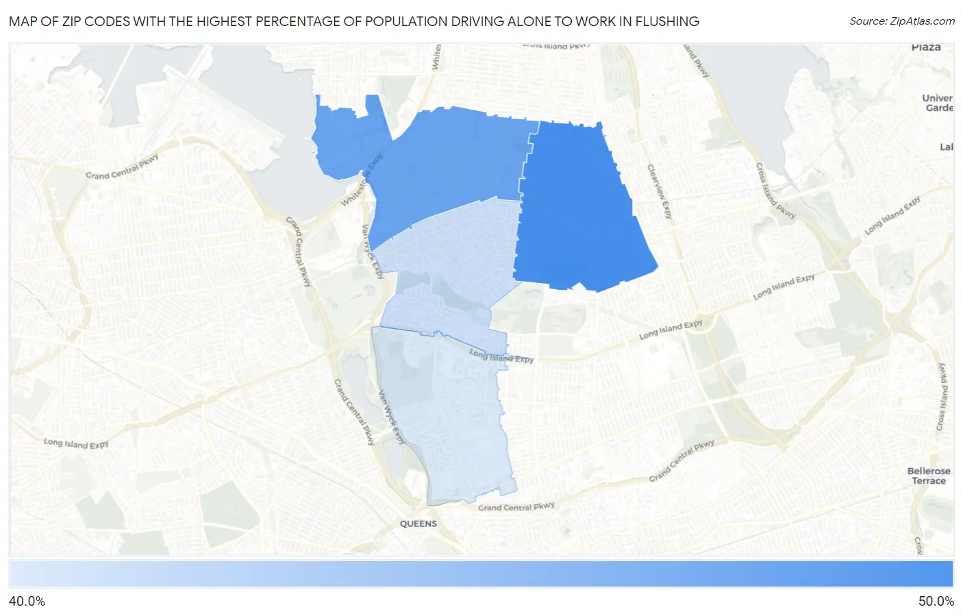 Zip Codes with the Highest Percentage of Population Driving Alone to Work in Flushing Map