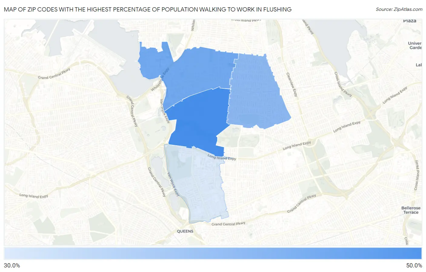 Zip Codes with the Highest Percentage of Population Walking to Work in Flushing Map
