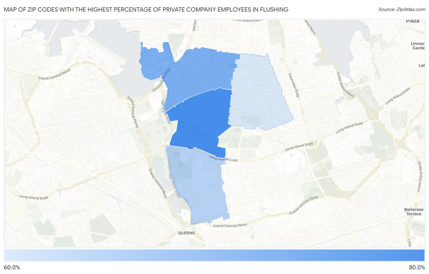 Zip Codes with the Highest Percentage of Private Company Employees in Flushing Map