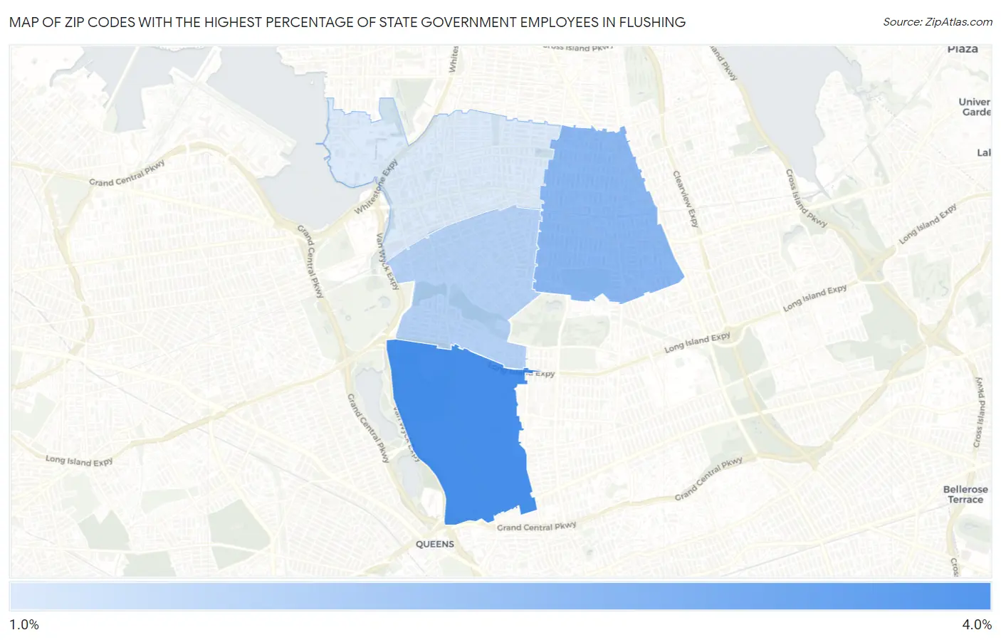Zip Codes with the Highest Percentage of State Government Employees in Flushing Map