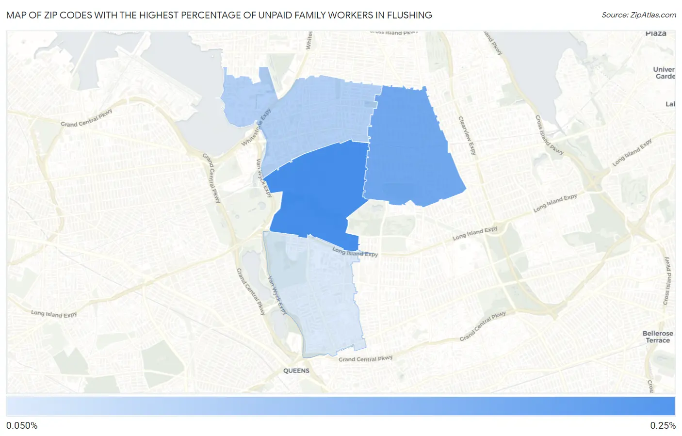 Zip Codes with the Highest Percentage of Unpaid Family Workers in Flushing Map