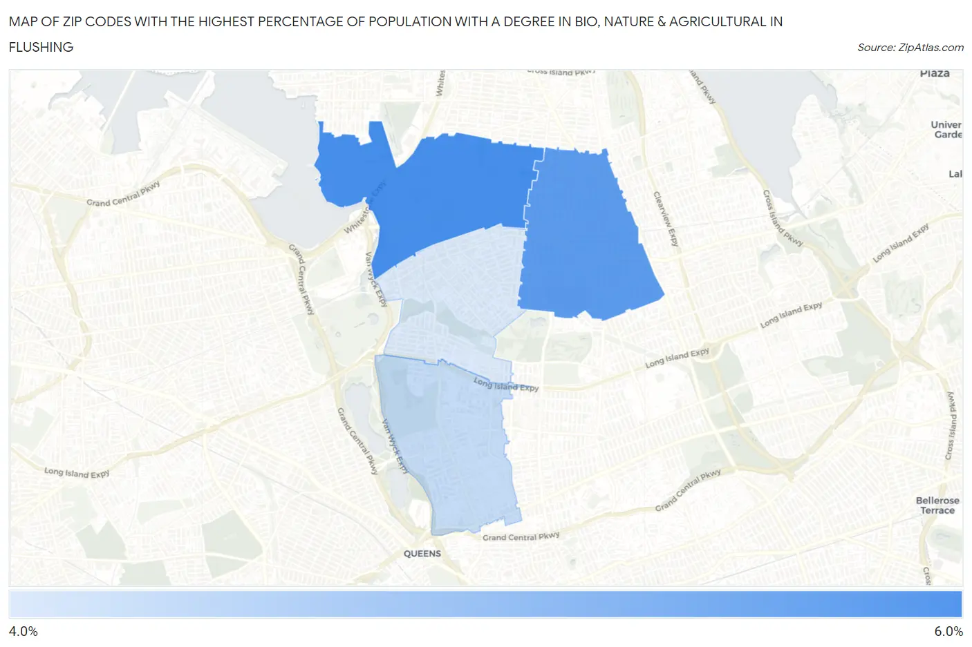 Zip Codes with the Highest Percentage of Population with a Degree in Bio, Nature & Agricultural in Flushing Map