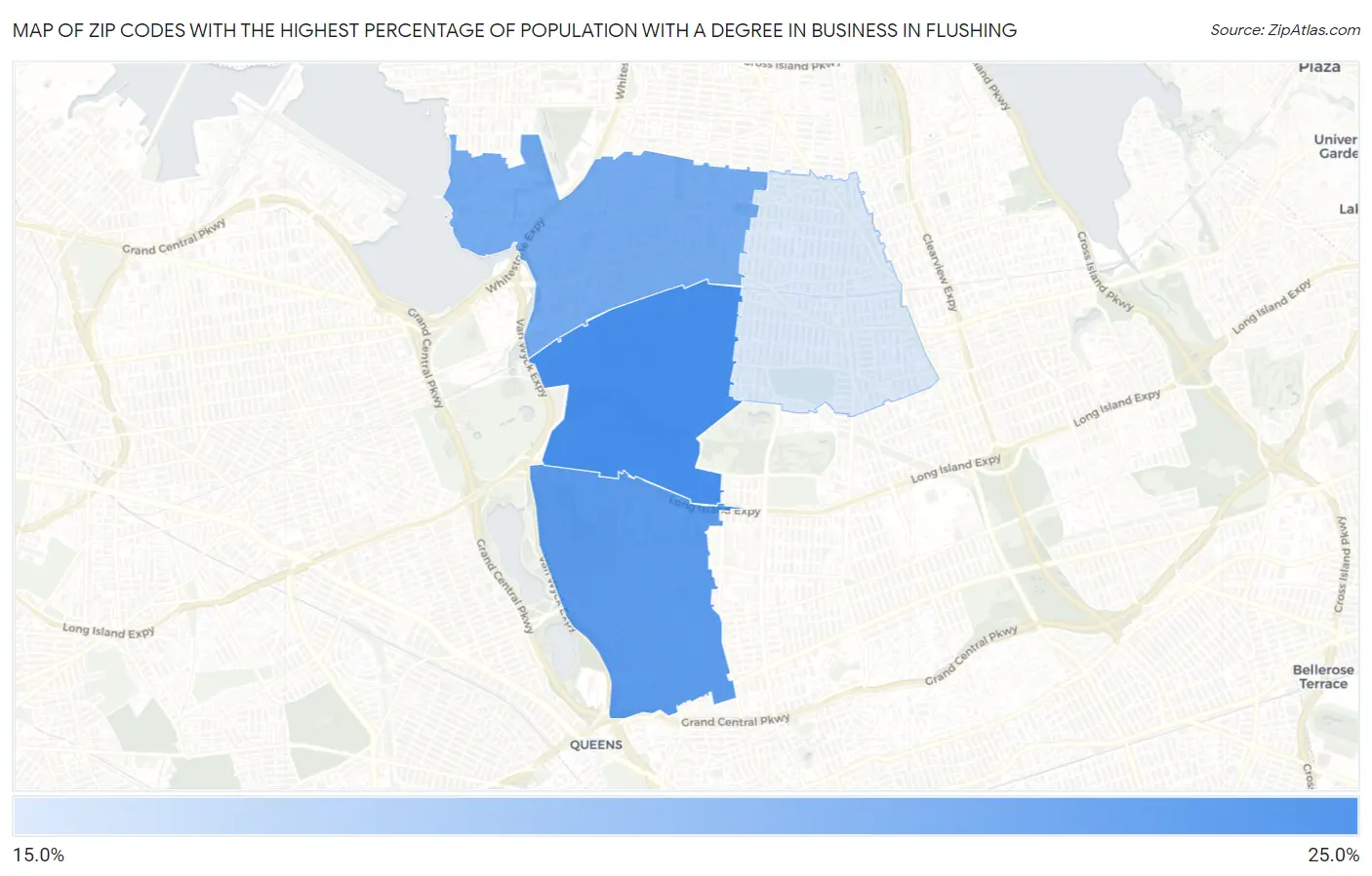 Zip Codes with the Highest Percentage of Population with a Degree in Business in Flushing Map