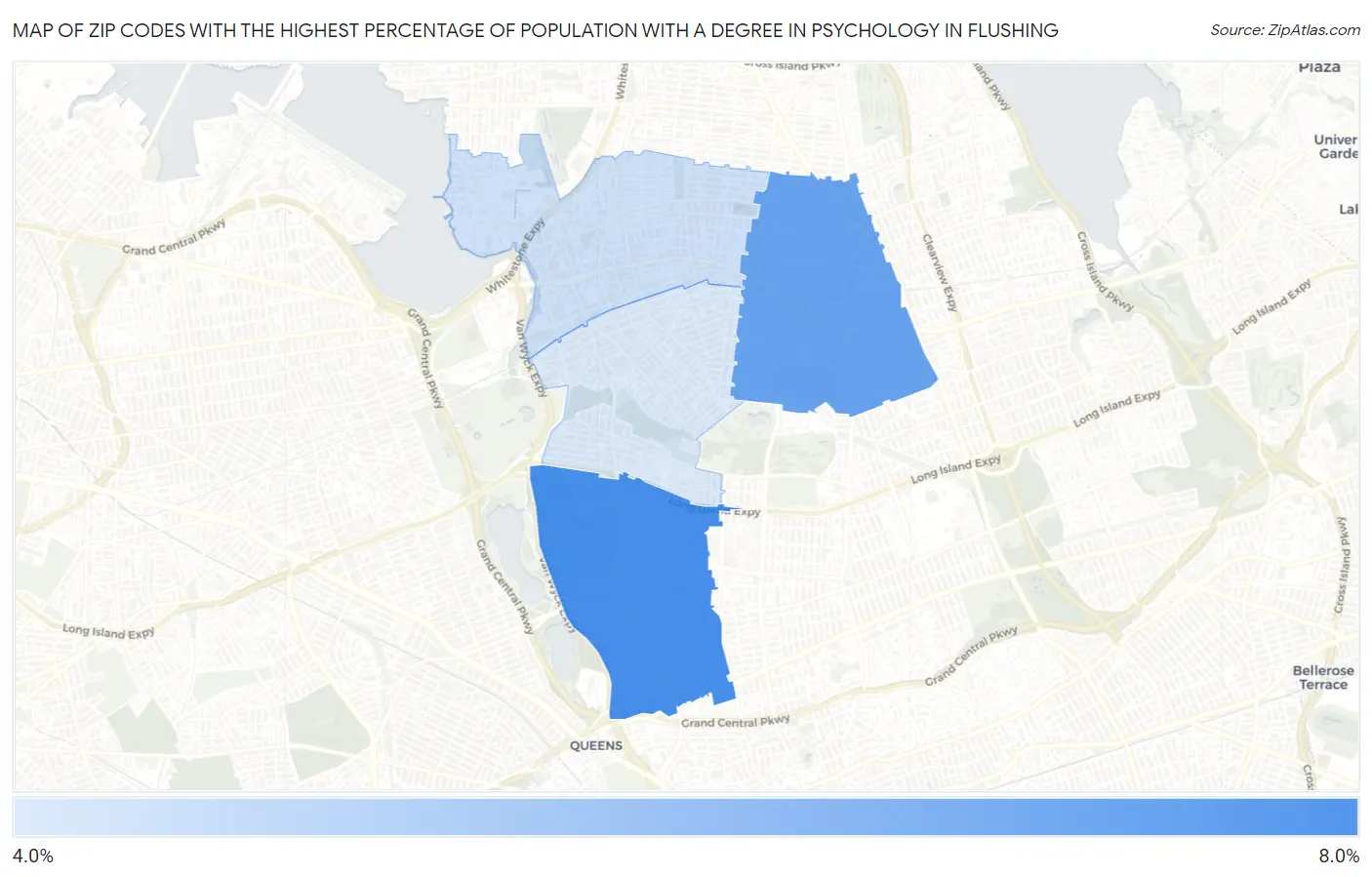 Zip Codes with the Highest Percentage of Population with a Degree in Psychology in Flushing Map