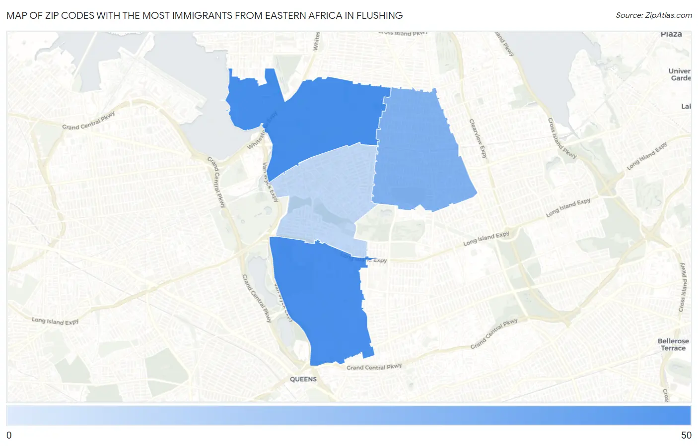 Zip Codes with the Most Immigrants from Eastern Africa in Flushing Map