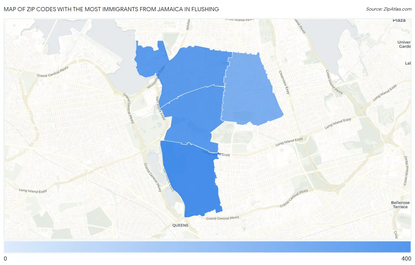 Zip Codes with the Most Immigrants from Jamaica in Flushing Map