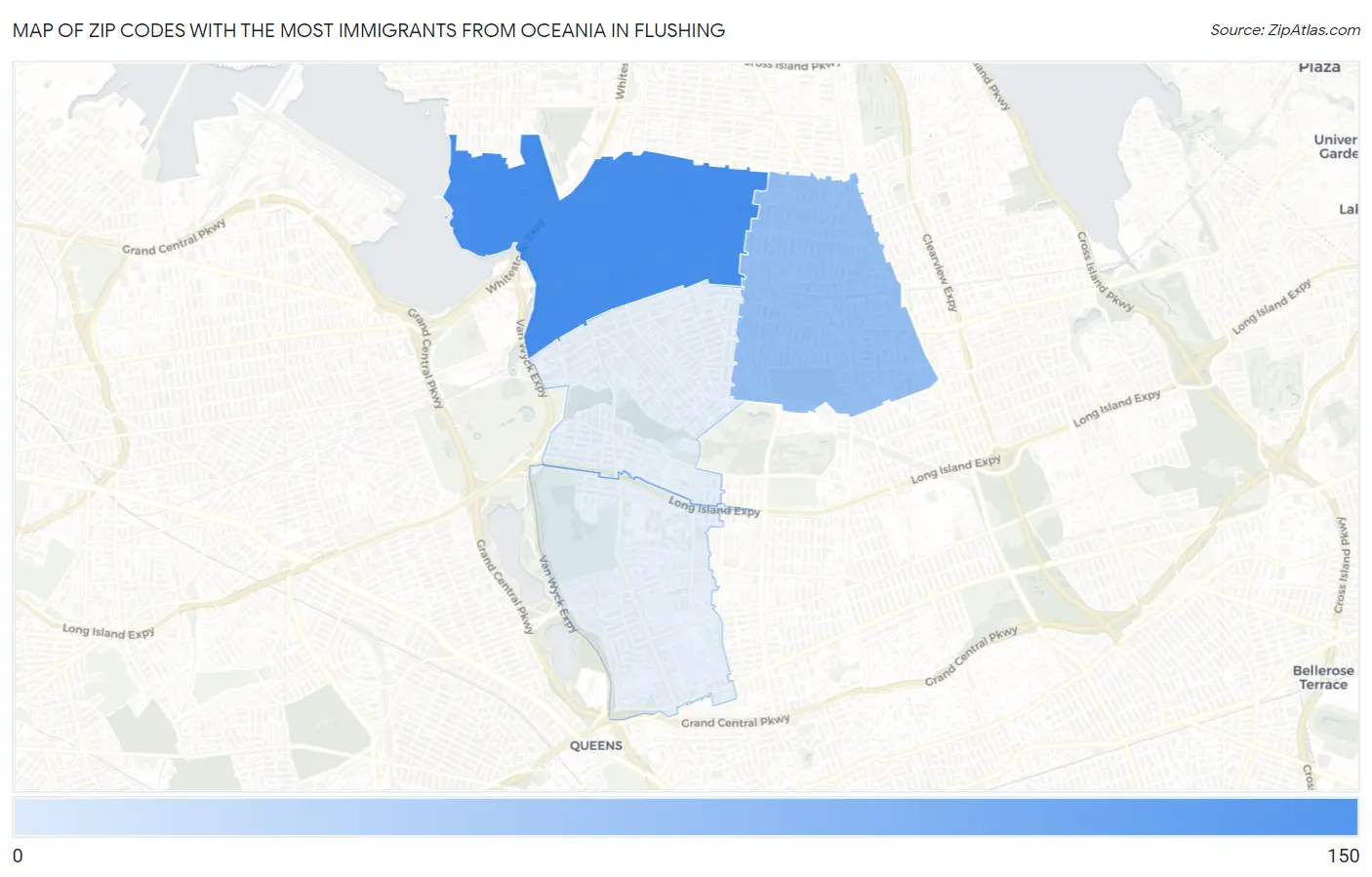 Zip Codes with the Most Immigrants from Oceania in Flushing Map