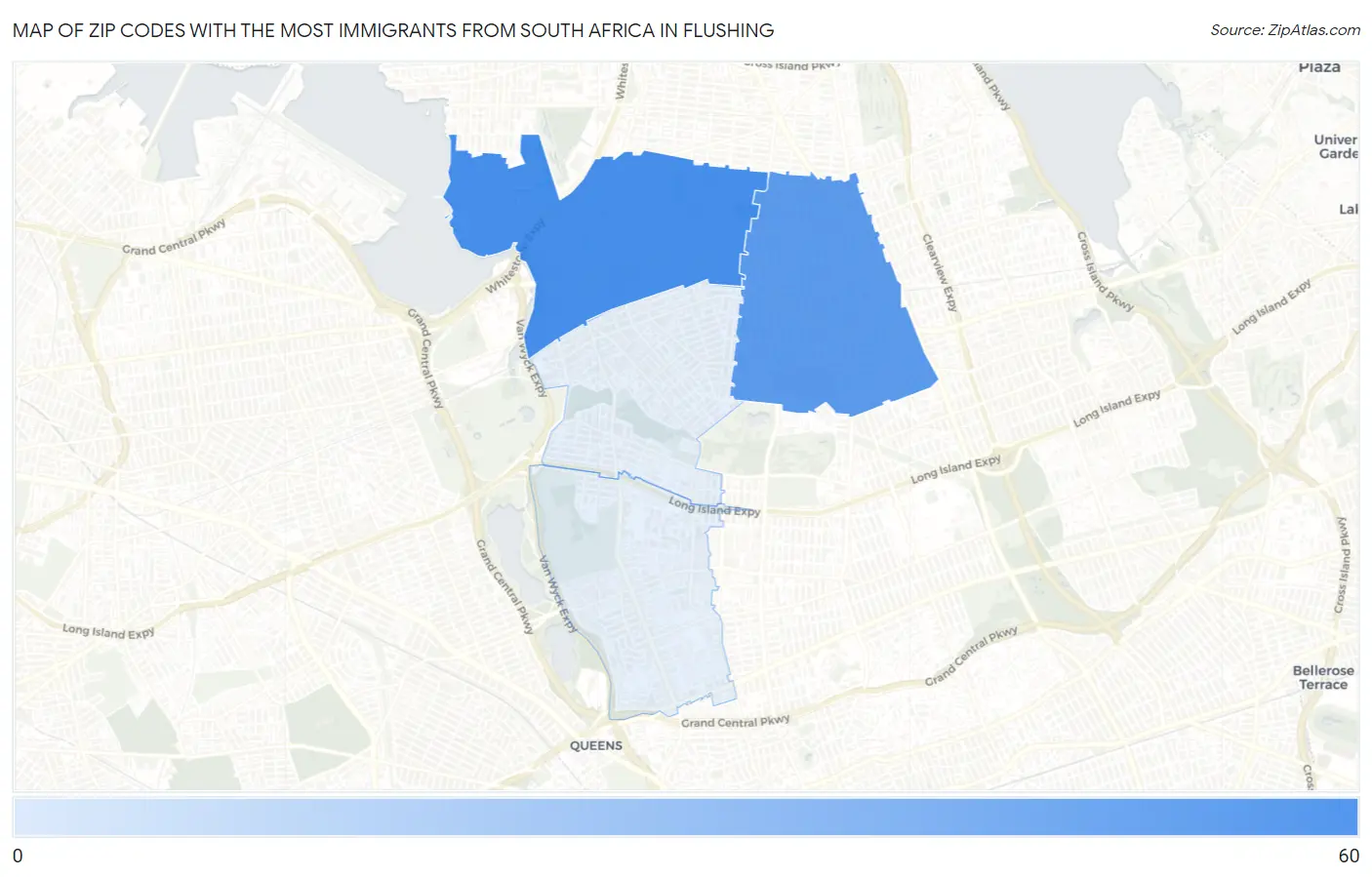 Zip Codes with the Most Immigrants from South Africa in Flushing Map