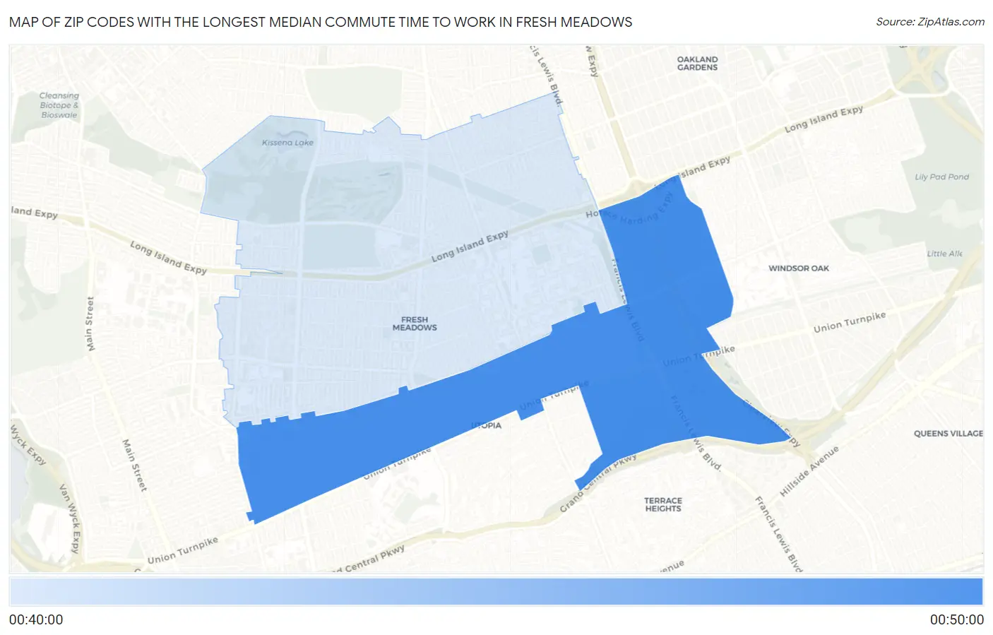 Zip Codes with the Longest Median Commute Time to Work in Fresh Meadows Map