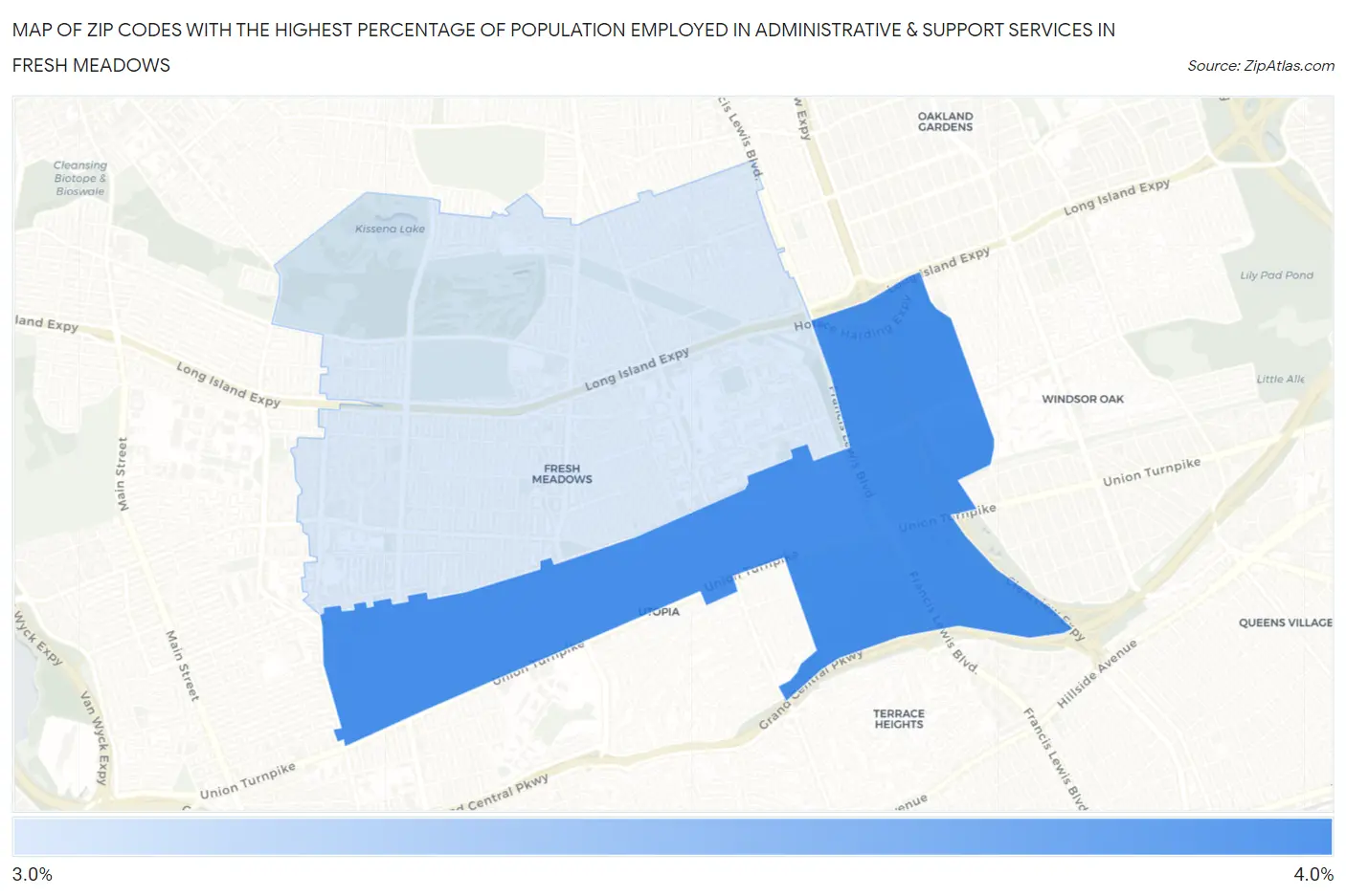 Zip Codes with the Highest Percentage of Population Employed in Administrative & Support Services in Fresh Meadows Map