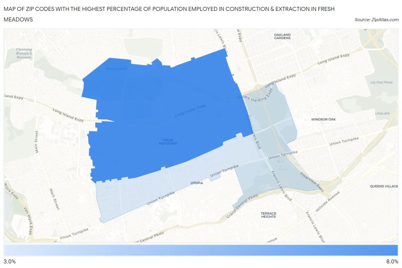 Zip Codes with the Highest Percentage of Population Employed in Construction & Extraction in Fresh Meadows Map