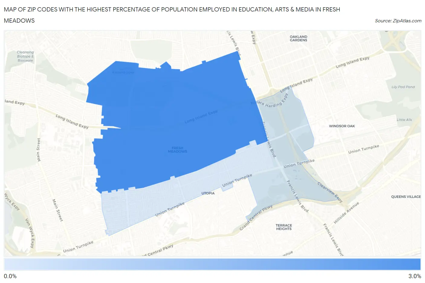 Zip Codes with the Highest Percentage of Population Employed in Education, Arts & Media in Fresh Meadows Map