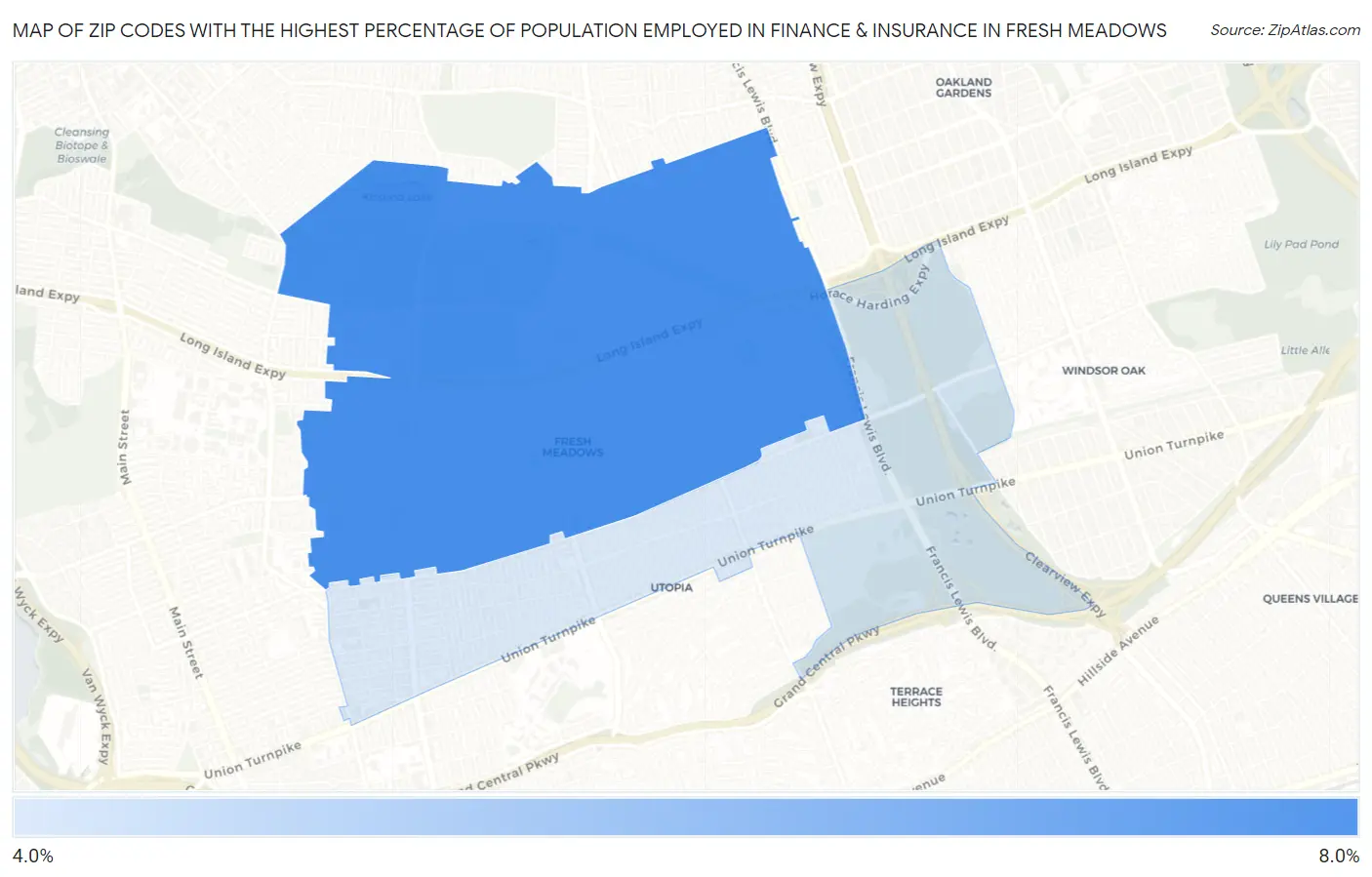 Zip Codes with the Highest Percentage of Population Employed in Finance & Insurance in Fresh Meadows Map