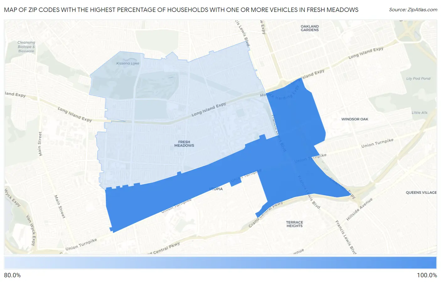 Zip Codes with the Highest Percentage of Households With One or more Vehicles in Fresh Meadows Map