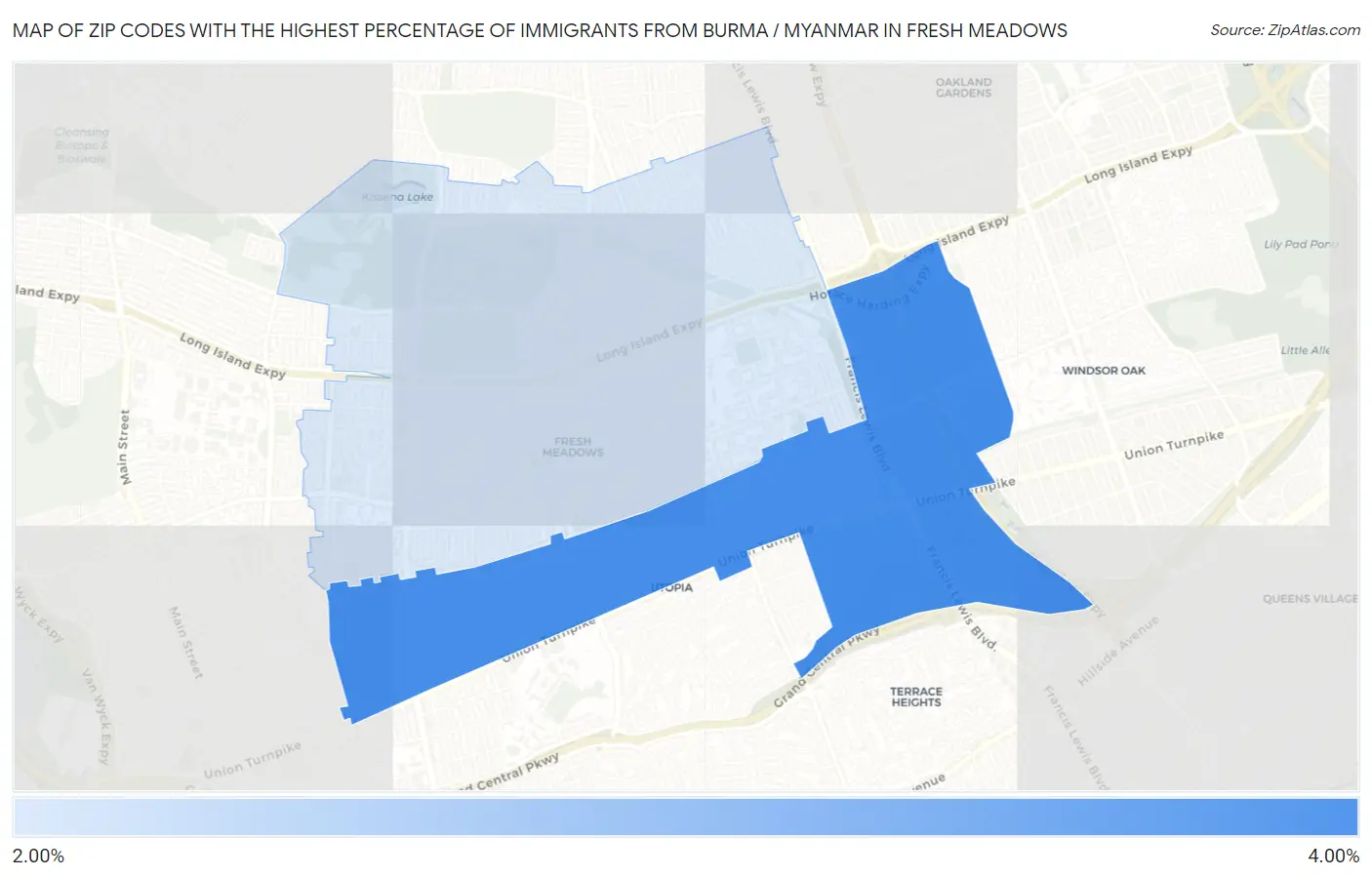 Zip Codes with the Highest Percentage of Immigrants from Burma / Myanmar in Fresh Meadows Map