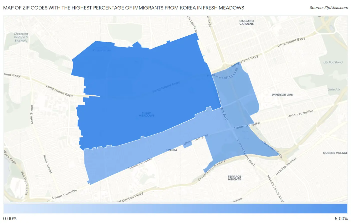 Zip Codes with the Highest Percentage of Immigrants from Korea in Fresh Meadows Map