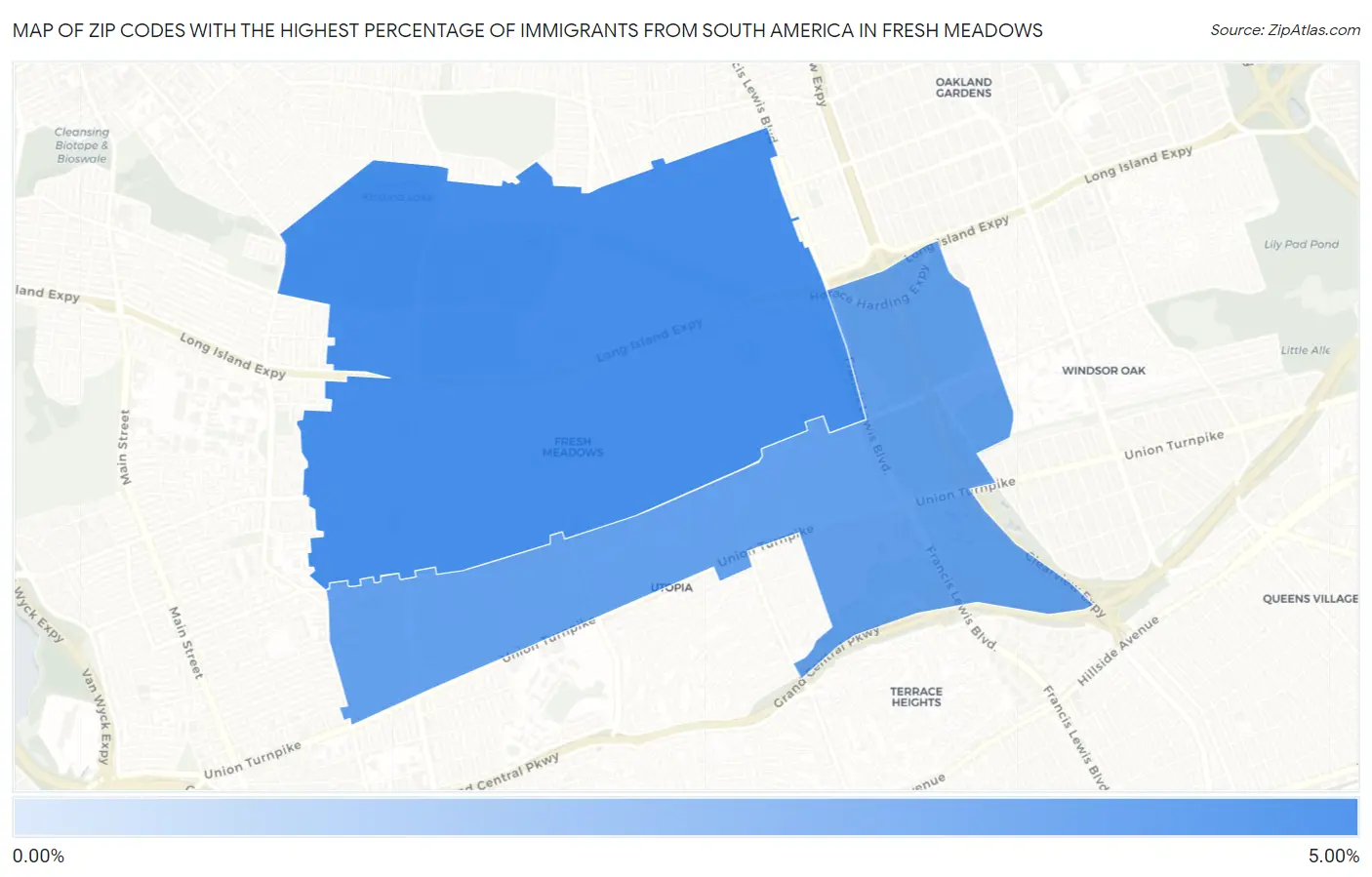 Zip Codes with the Highest Percentage of Immigrants from South America in Fresh Meadows Map