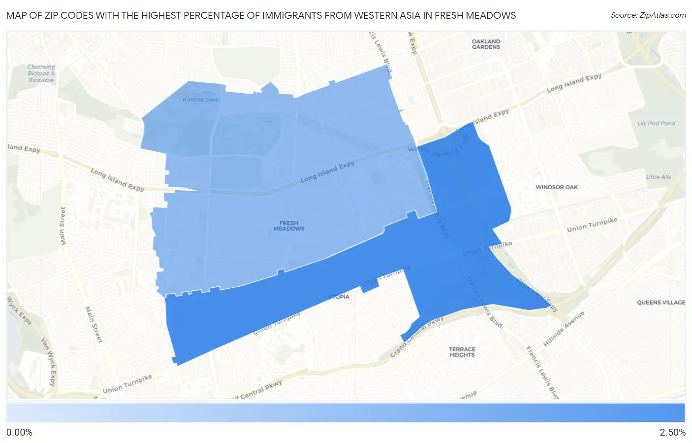 Zip Codes with the Highest Percentage of Immigrants from Western Asia in Fresh Meadows Map