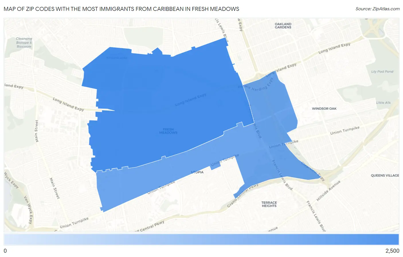 Zip Codes with the Most Immigrants from Caribbean in Fresh Meadows Map