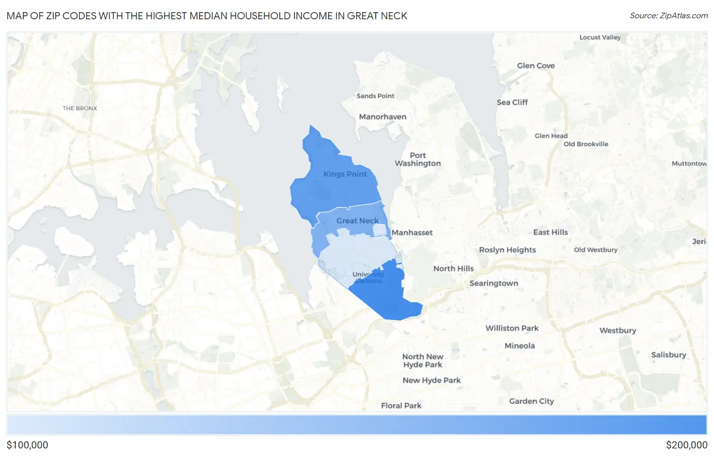 Zip Codes with the Highest Median Household Income in Great Neck Map