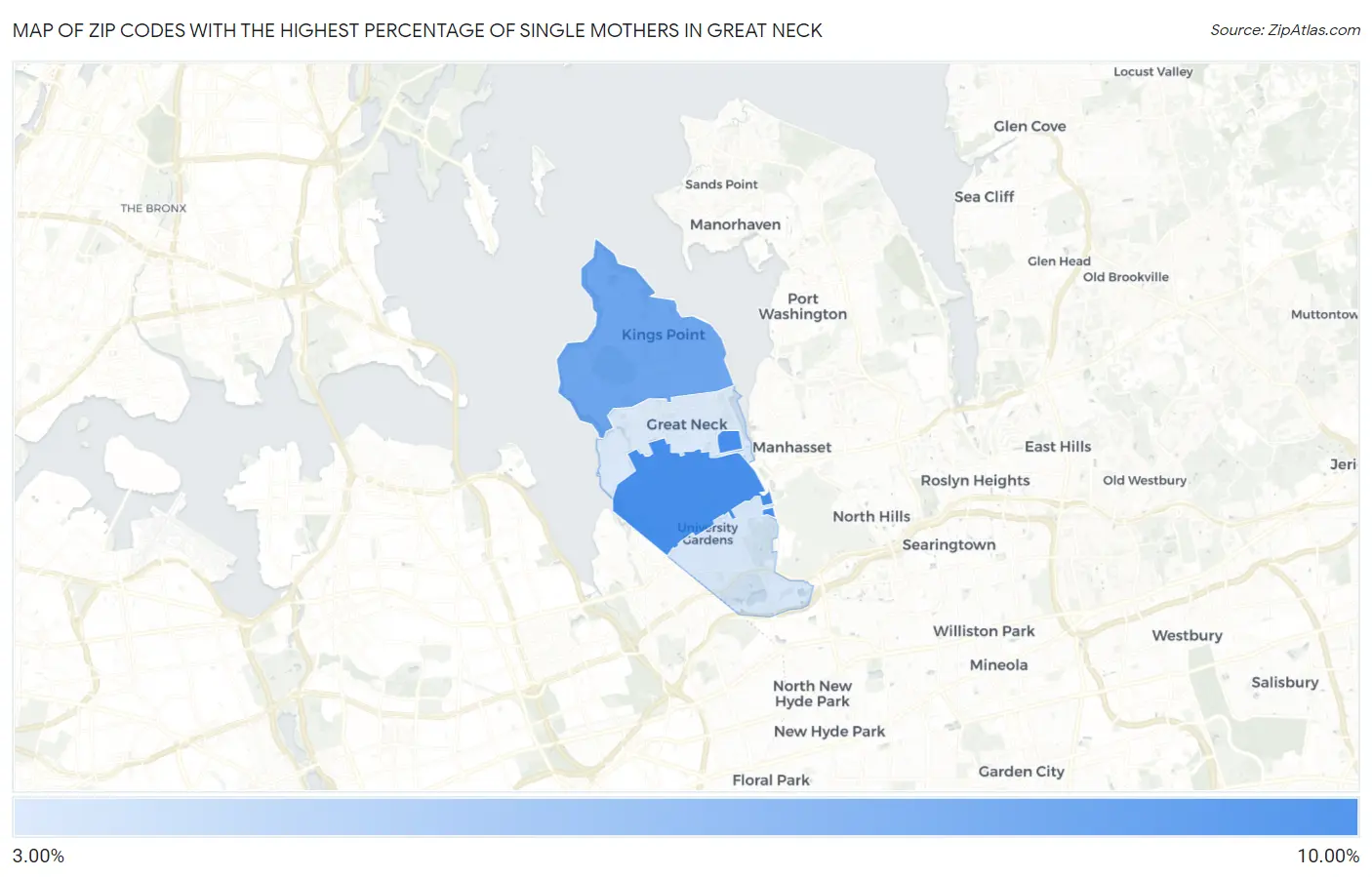 Zip Codes with the Highest Percentage of Single Mothers in Great Neck Map