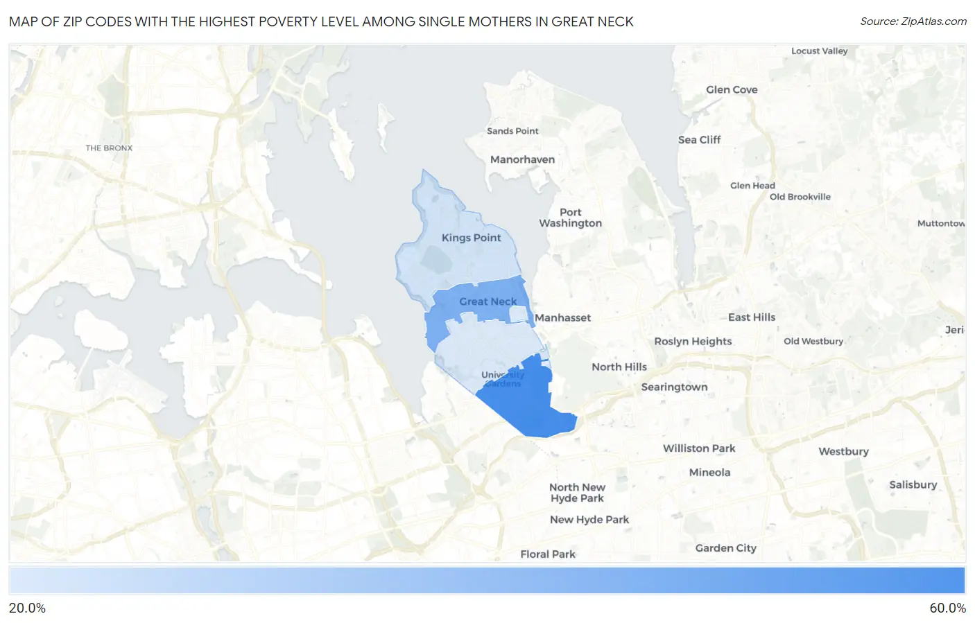 Zip Codes with the Highest Poverty Level Among Single Mothers in Great Neck Map