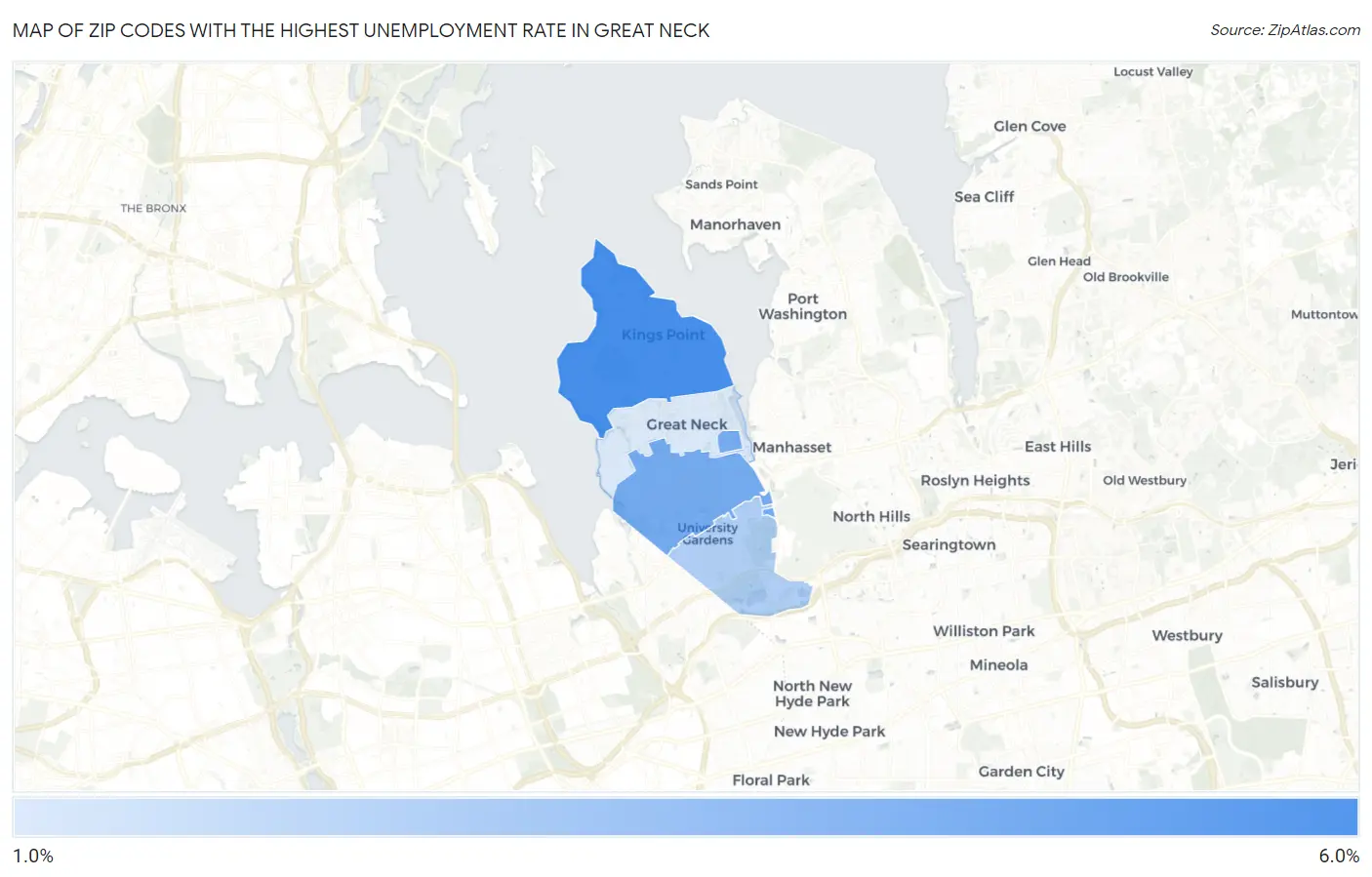 Zip Codes with the Highest Unemployment Rate in Great Neck Map