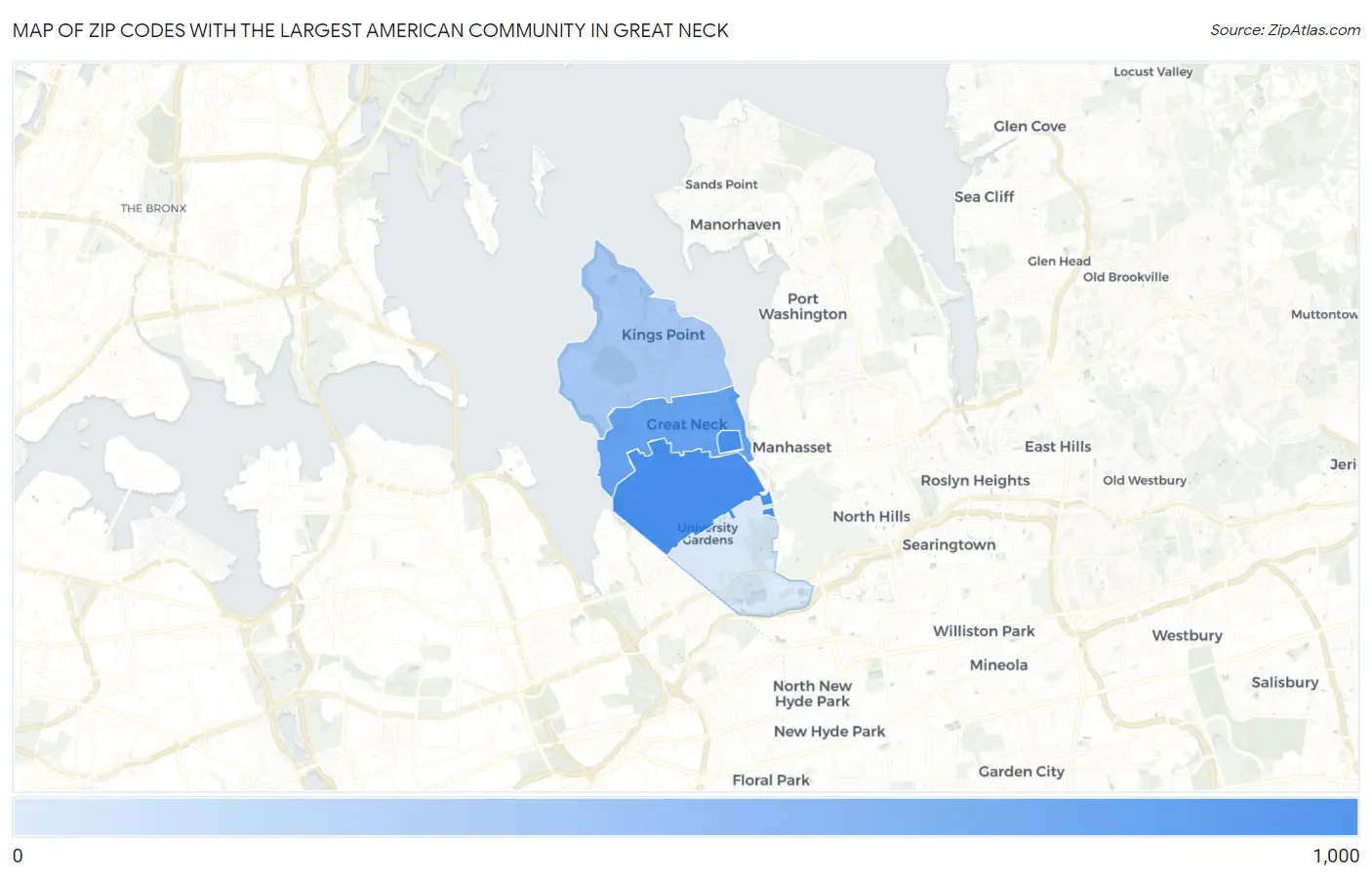 Zip Codes with the Largest American Community in Great Neck Map