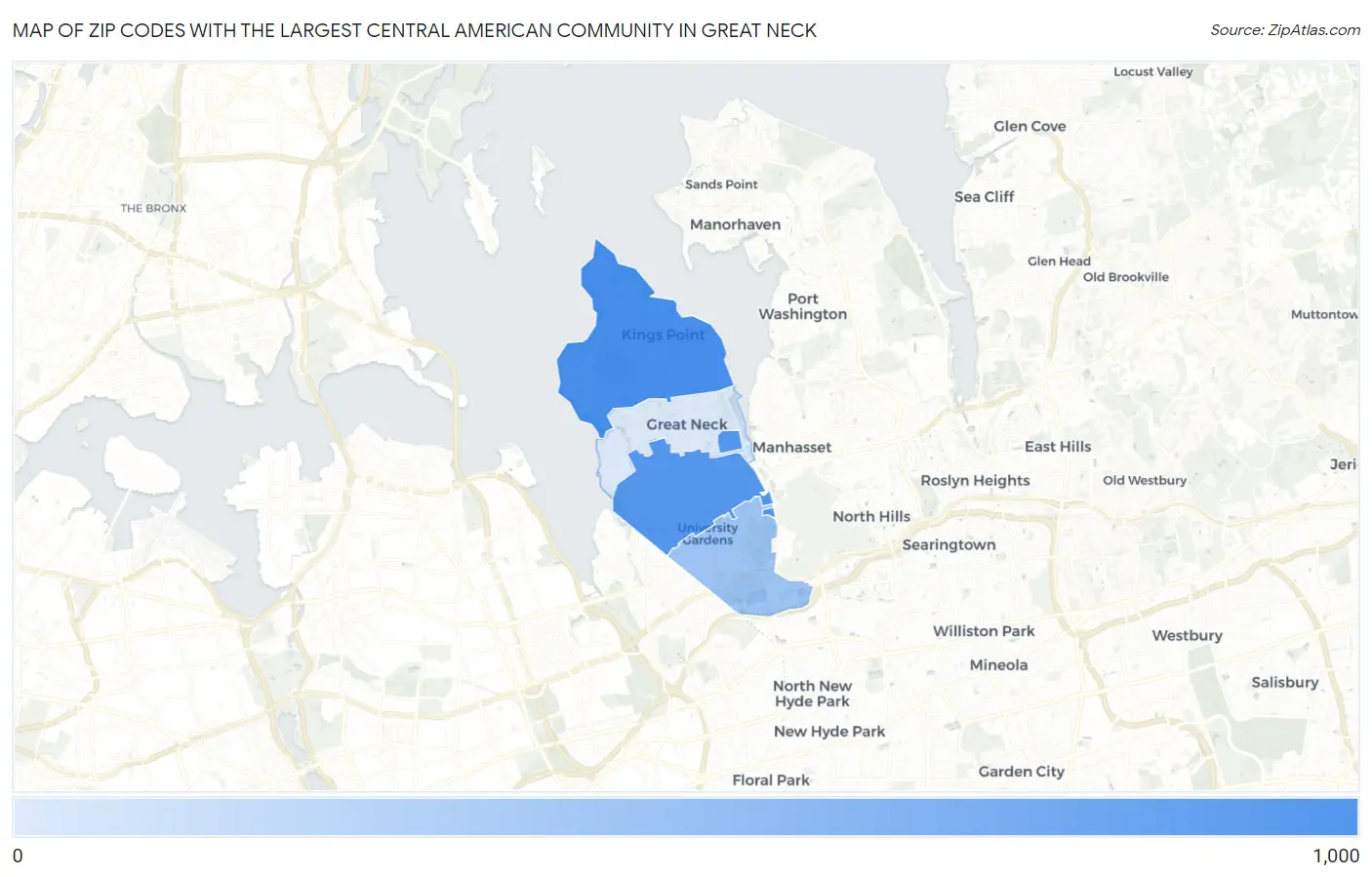 Zip Codes with the Largest Central American Community in Great Neck Map