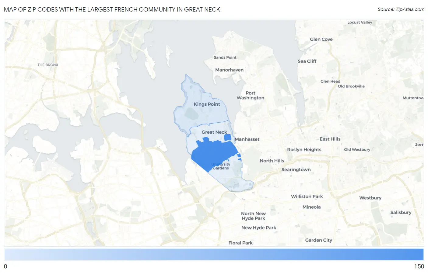 Zip Codes with the Largest French Community in Great Neck Map