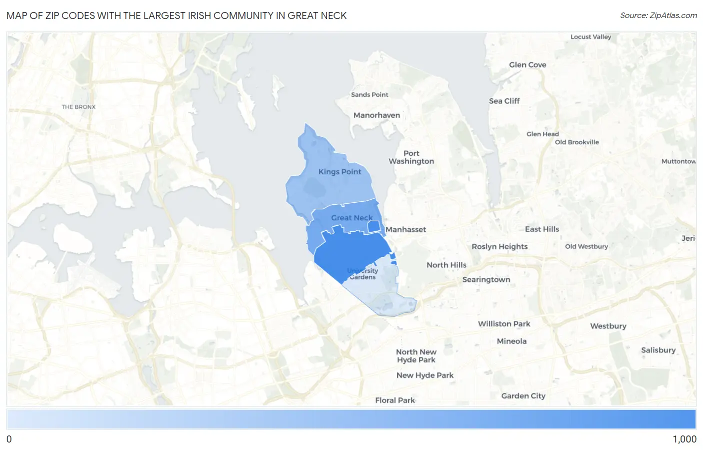 Zip Codes with the Largest Irish Community in Great Neck Map
