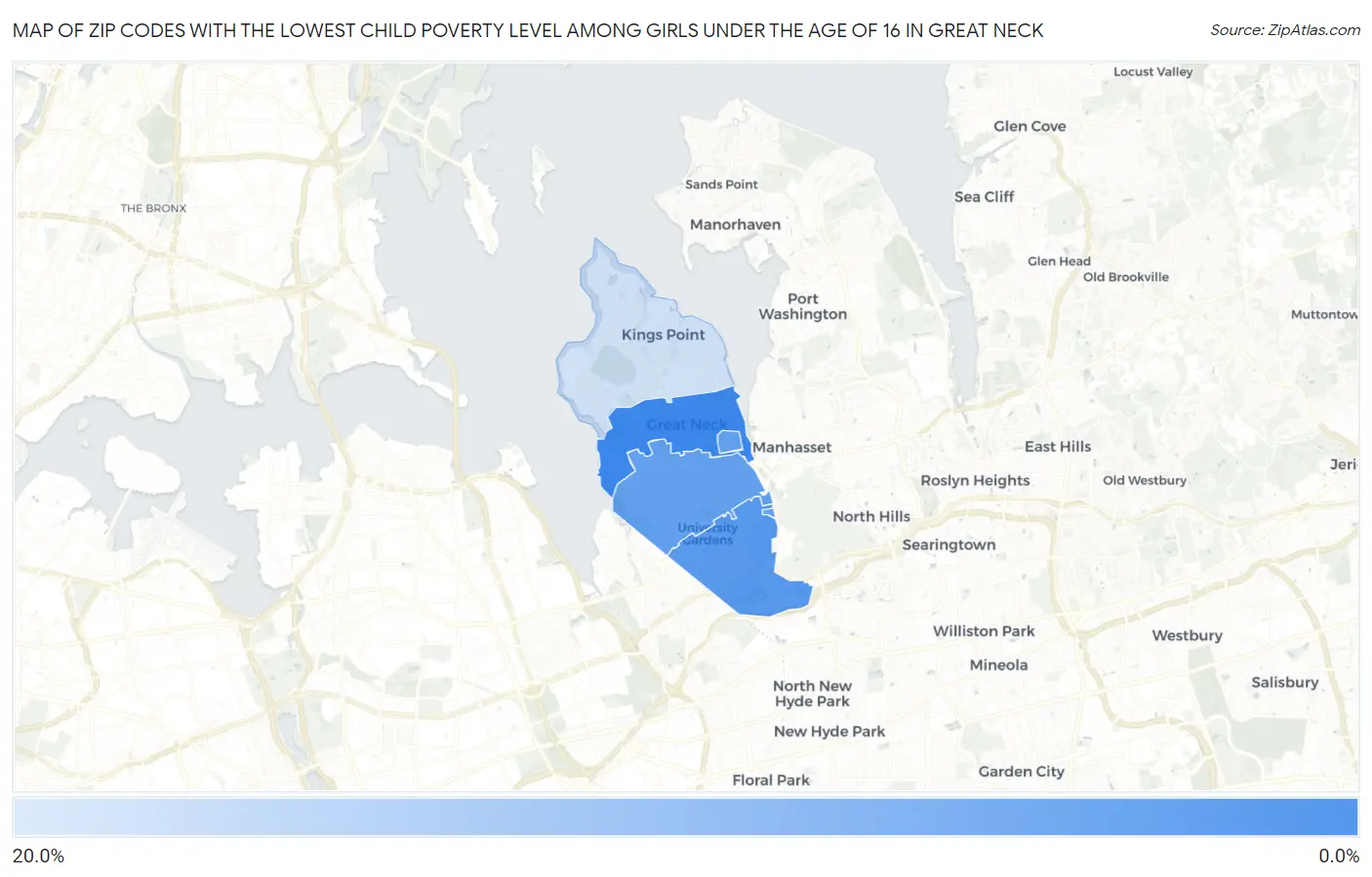 Zip Codes with the Lowest Child Poverty Level Among Girls Under the Age of 16 in Great Neck Map