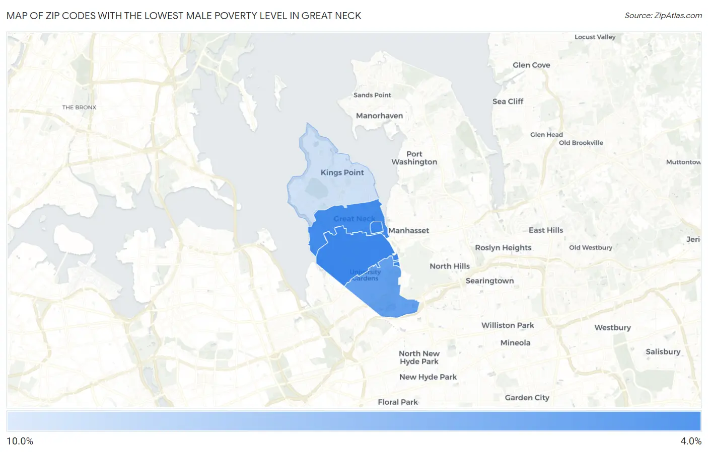 Zip Codes with the Lowest Male Poverty Level in Great Neck Map