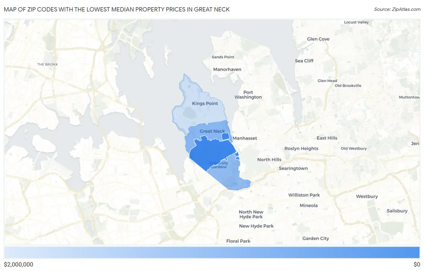 Zip Codes with the Lowest Median Property Prices in Great Neck Map