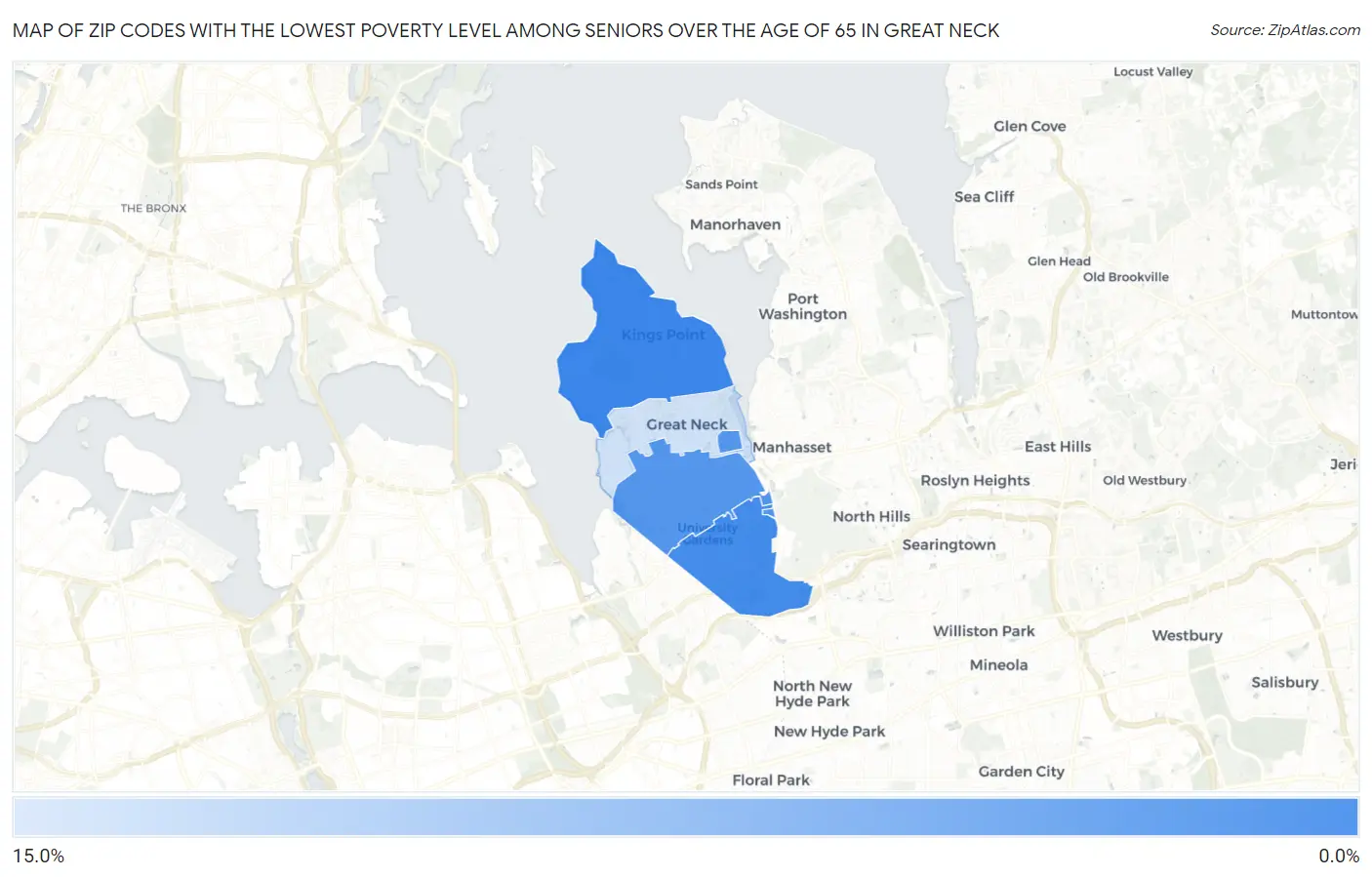 Zip Codes with the Lowest Poverty Level Among Seniors Over the Age of 65 in Great Neck Map