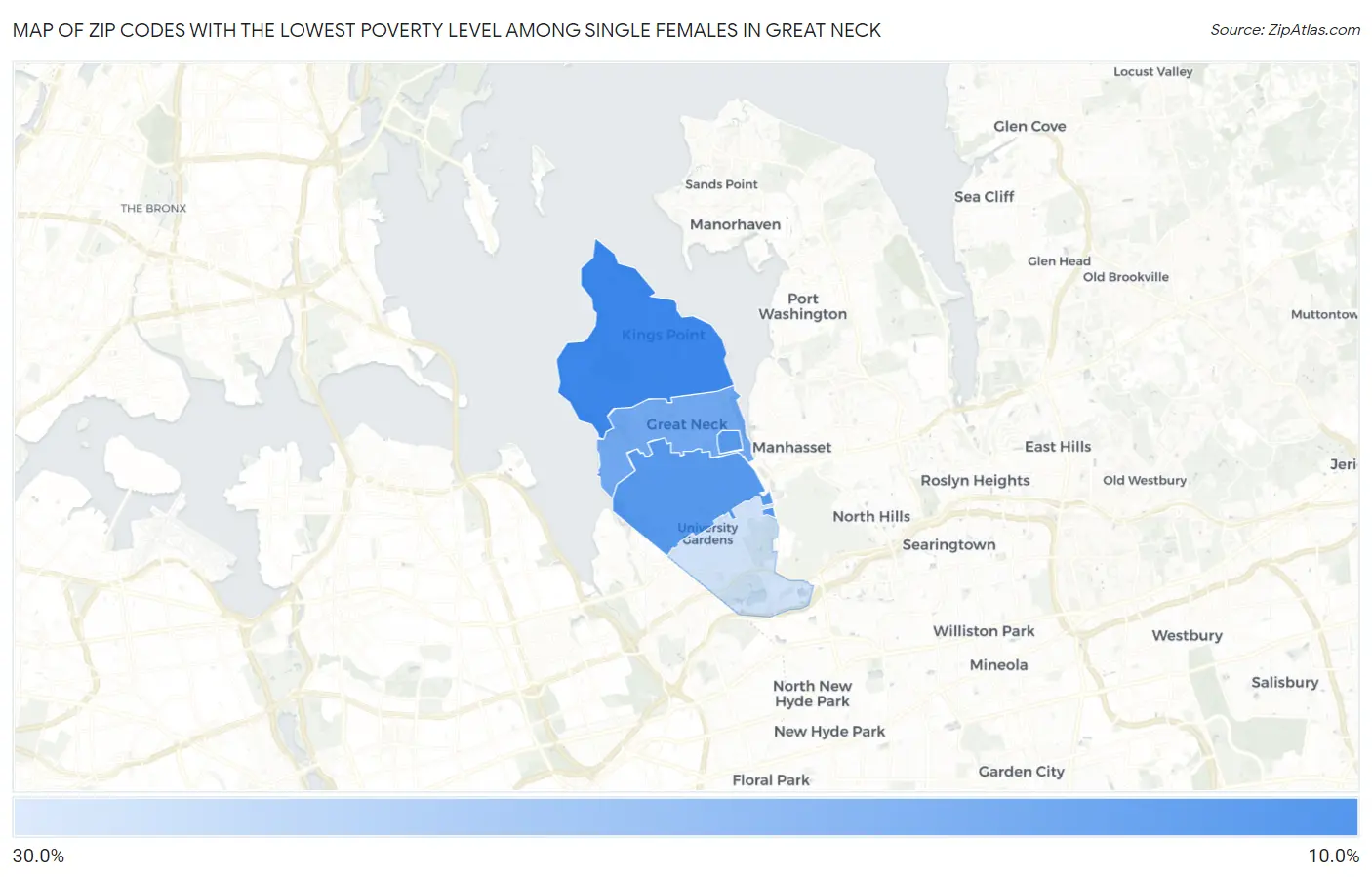 Zip Codes with the Lowest Poverty Level Among Single Females in Great Neck Map