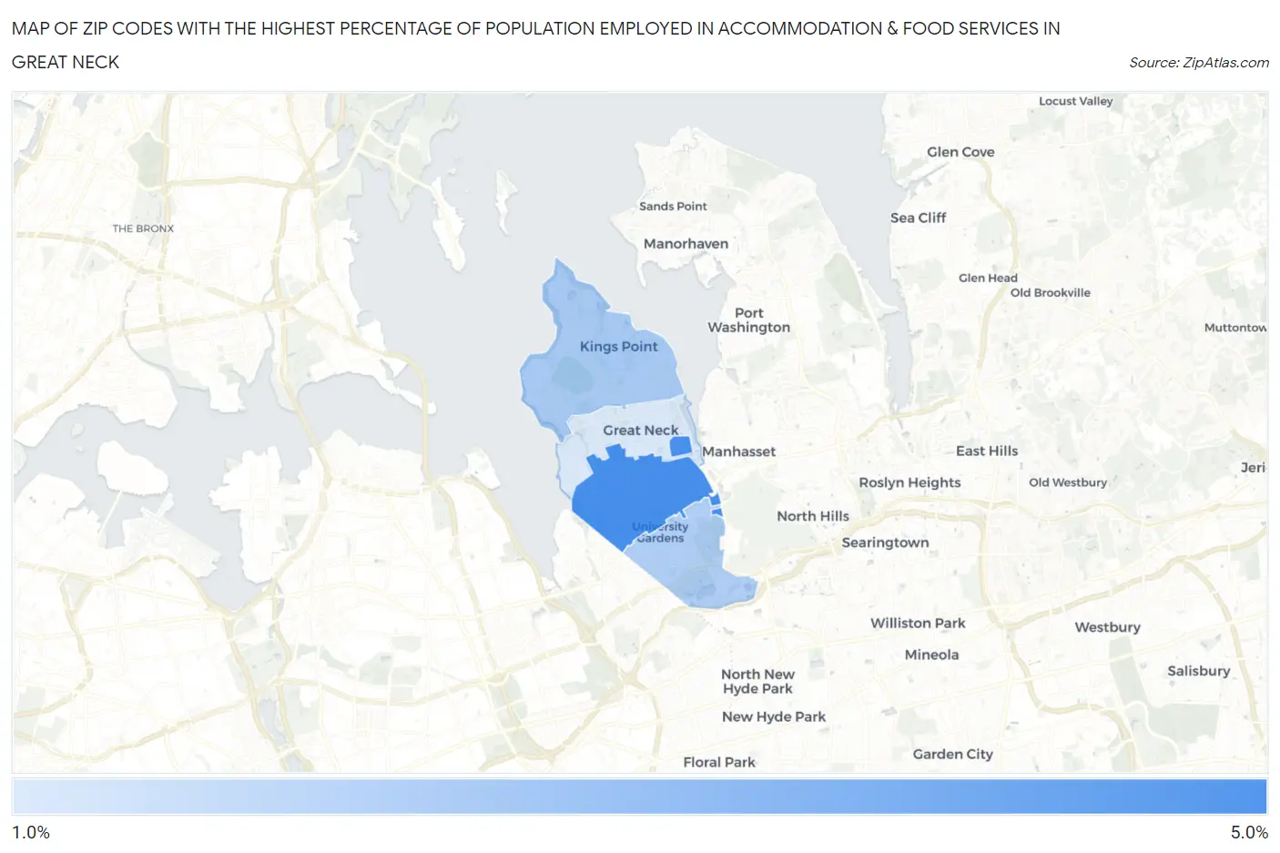 Zip Codes with the Highest Percentage of Population Employed in Accommodation & Food Services in Great Neck Map