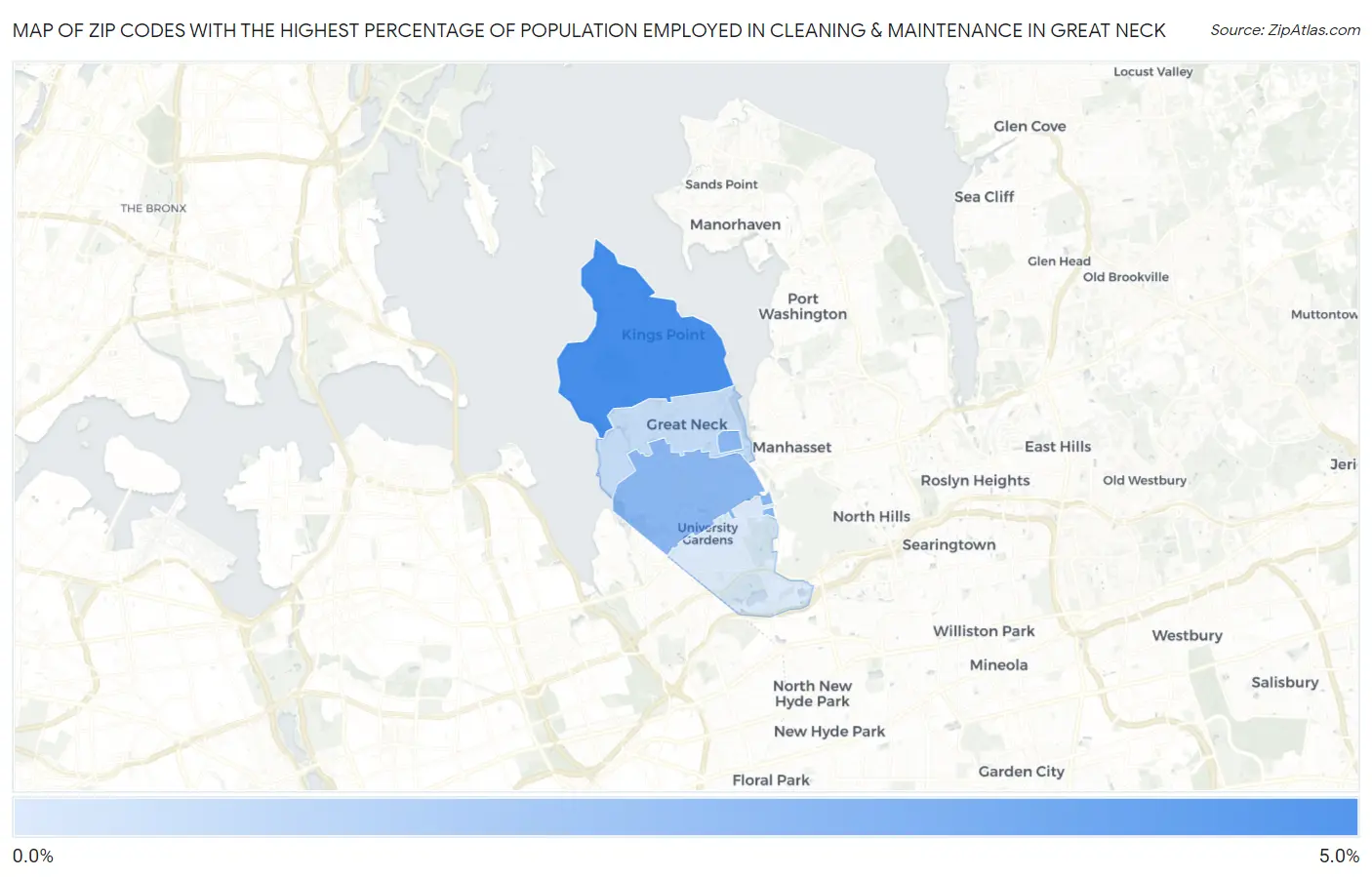 Zip Codes with the Highest Percentage of Population Employed in Cleaning & Maintenance in Great Neck Map