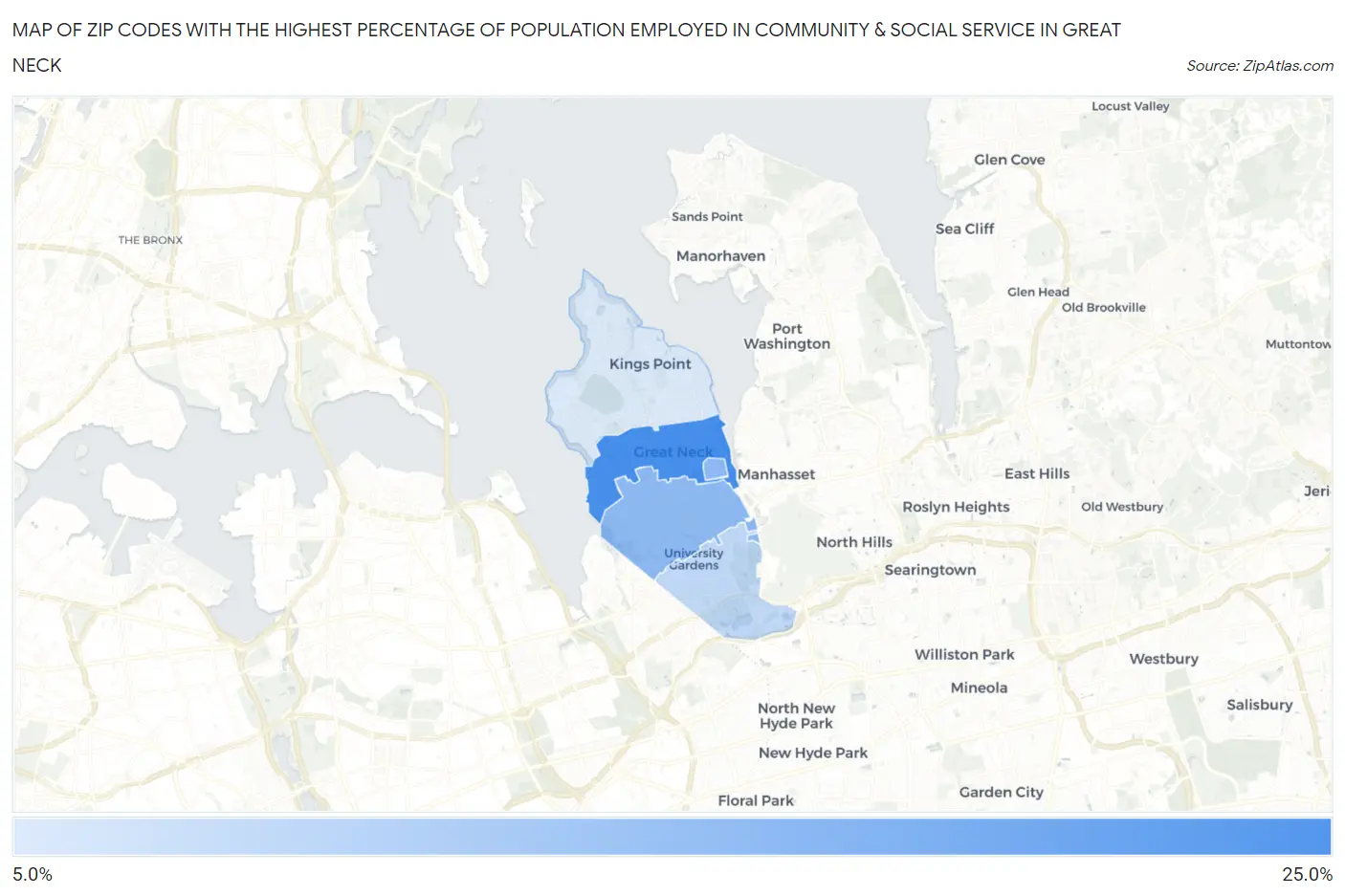 Zip Codes with the Highest Percentage of Population Employed in Community & Social Service  in Great Neck Map