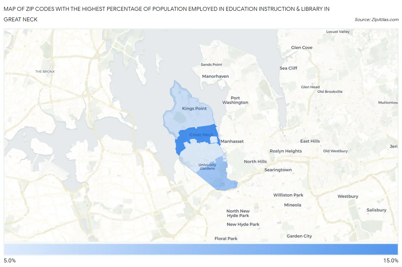 Zip Codes with the Highest Percentage of Population Employed in Education Instruction & Library in Great Neck Map