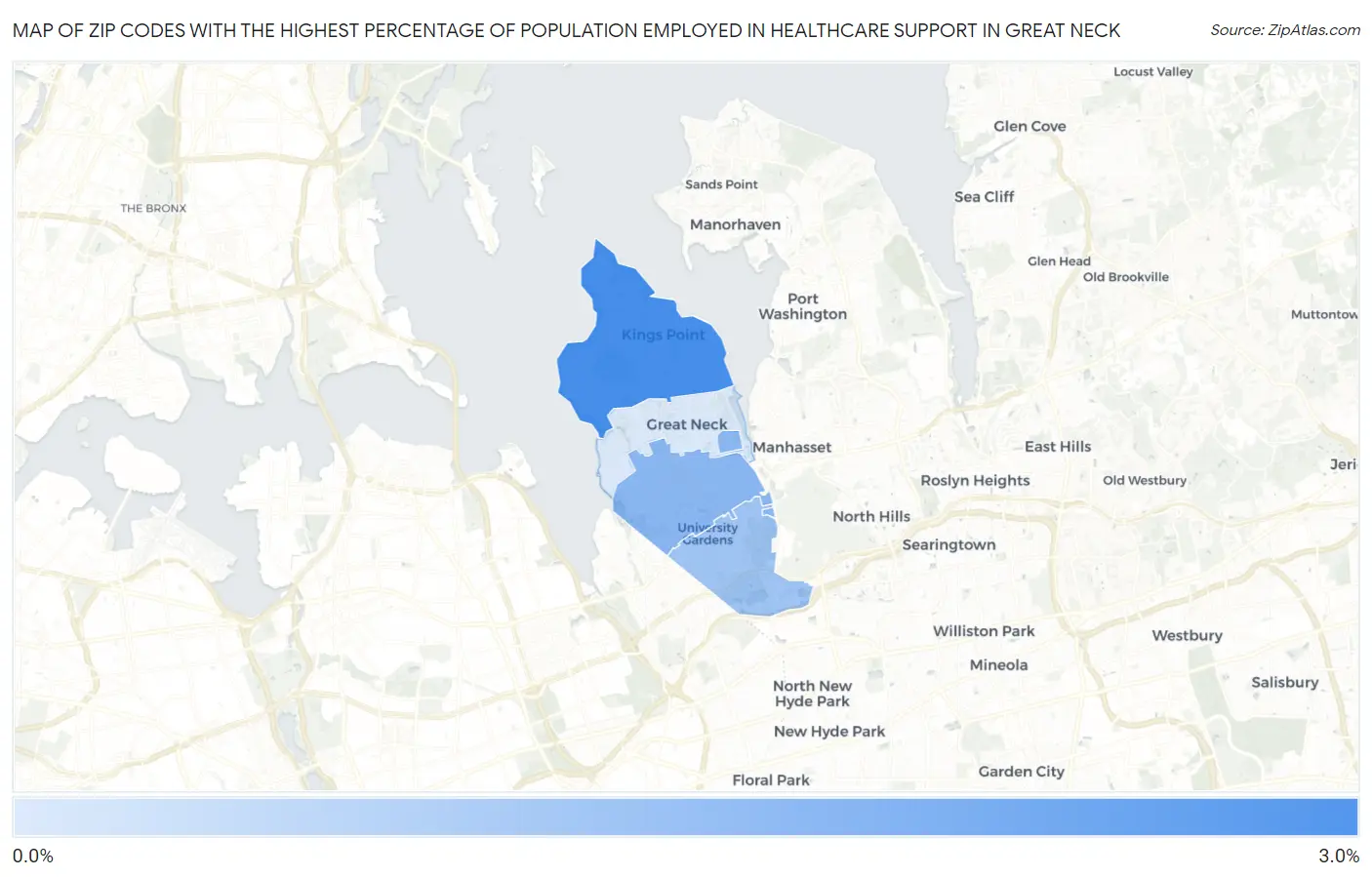 Zip Codes with the Highest Percentage of Population Employed in Healthcare Support in Great Neck Map